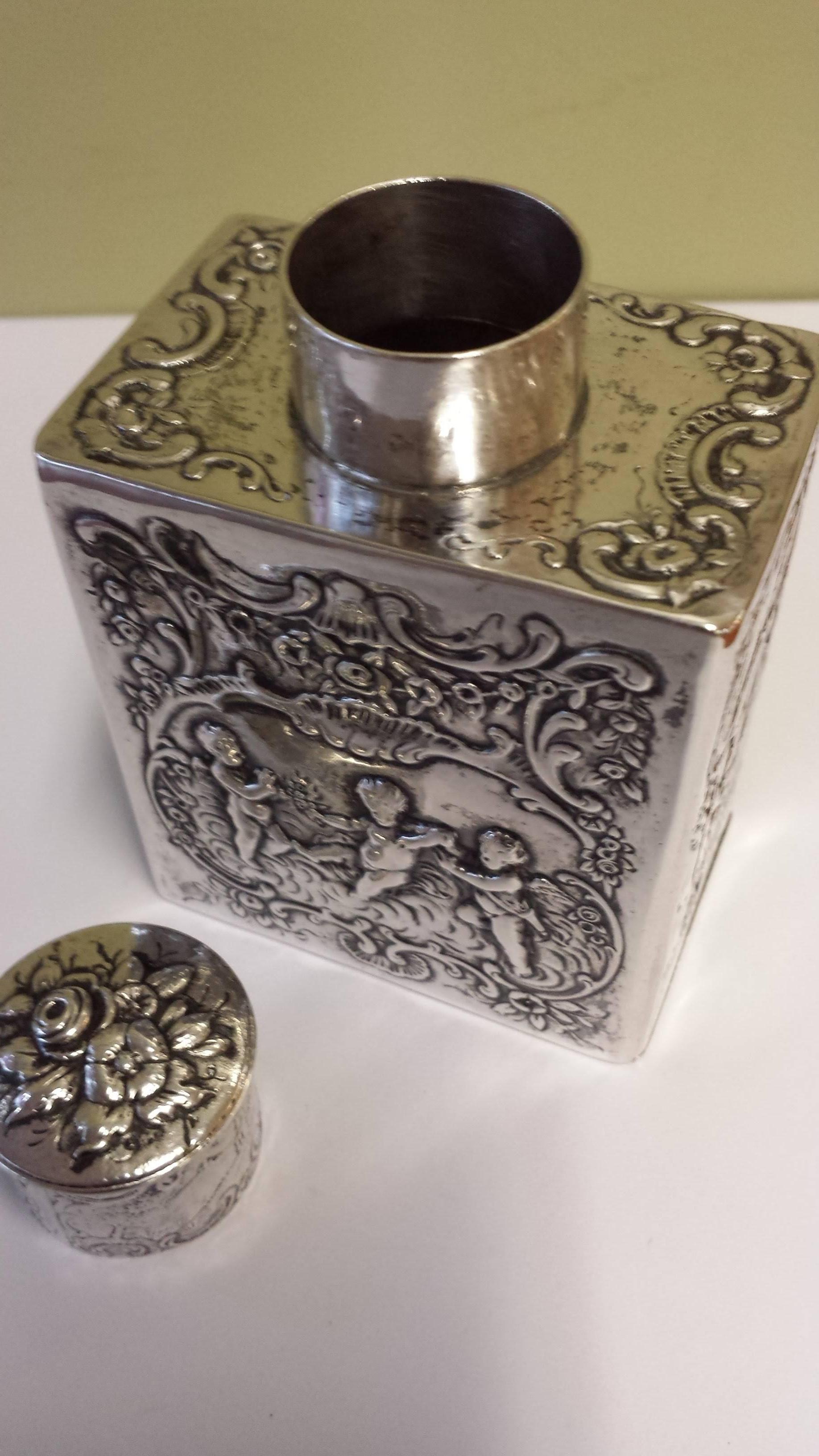 19th Century Swedish Silver Flask or Decanter with Embossed Cherubs & Torch and Heart Design
