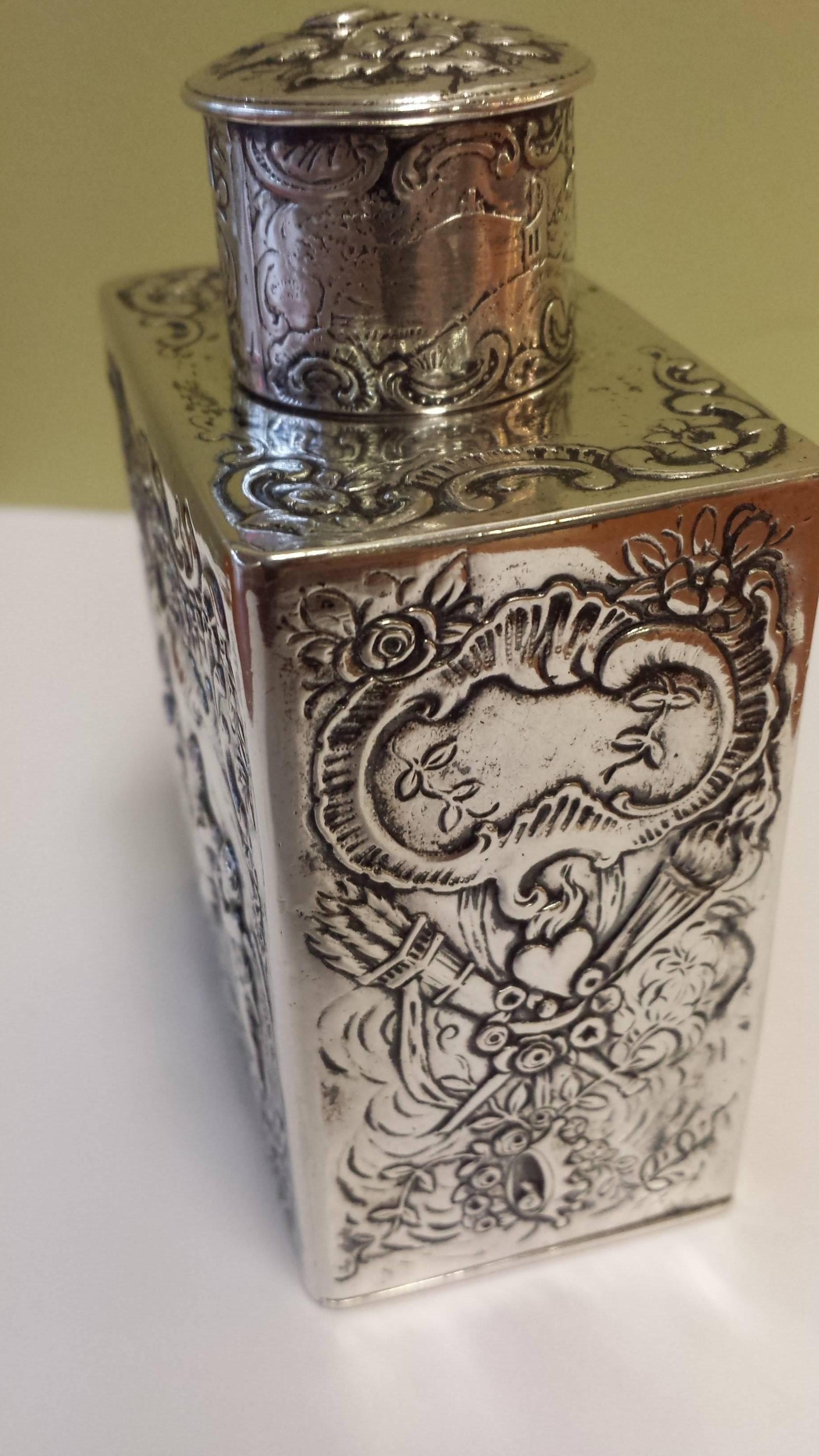 Swedish Silver Flask or Decanter with Embossed Cherubs & Torch and Heart Design 1