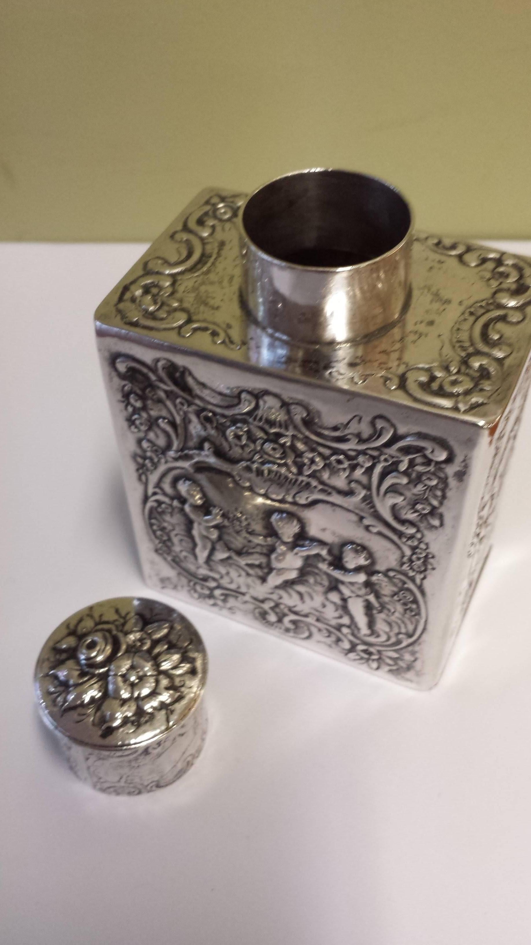 Swedish Silver Flask or Decanter with Embossed Cherubs & Torch and Heart Design 3