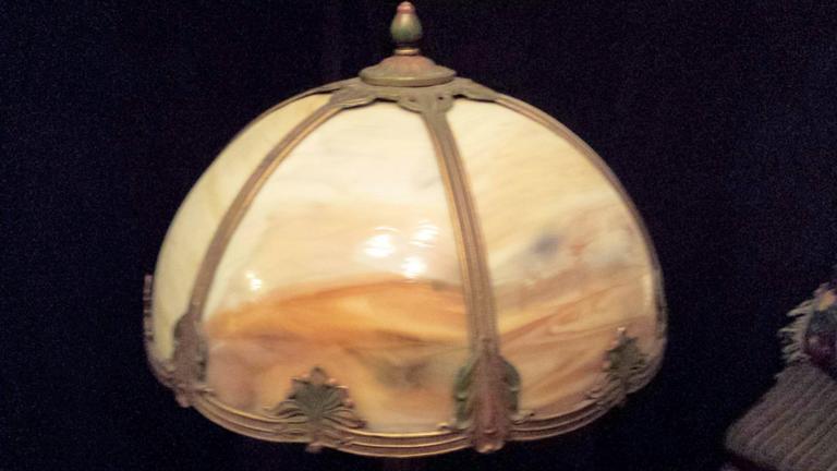 Edwardian Slag Glass Table Lamp, Carmel Colored Glass with a Decorated Shade and Base For Sale