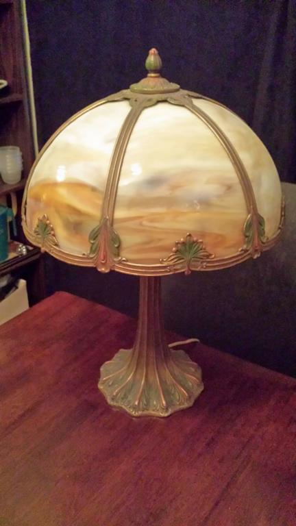 20th Century Slag Glass Table Lamp, Carmel Colored Glass with a Decorated Shade and Base For Sale