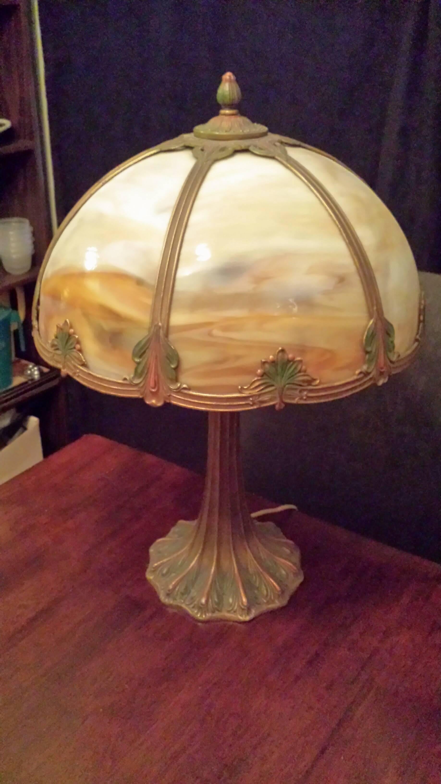 Edwardian Slag Glass Table Lamp, Carmel Colored Glass with a Decorated Shade and Base
