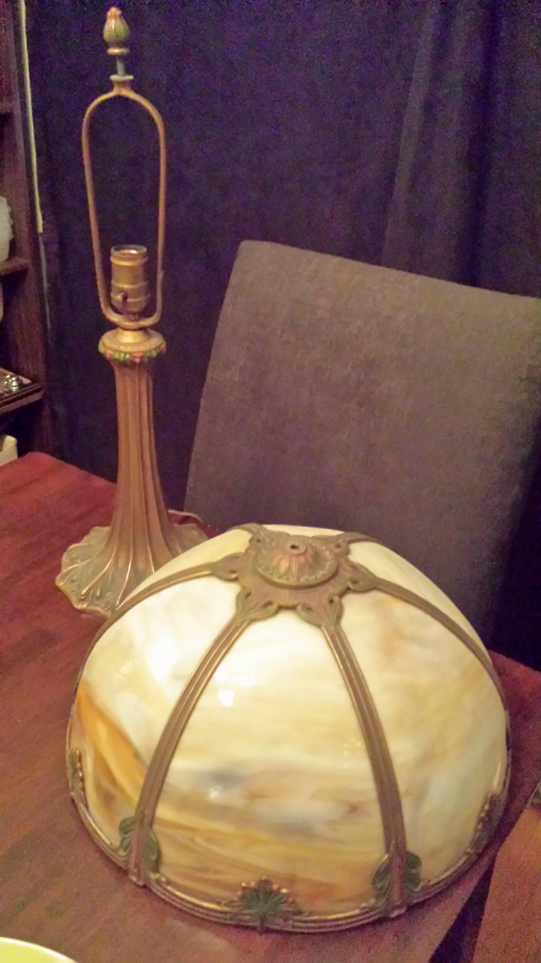 Slag Glass Table Lamp, Carmel Colored Glass with a Decorated Shade and Base In Good Condition In Ottawa, Ontario