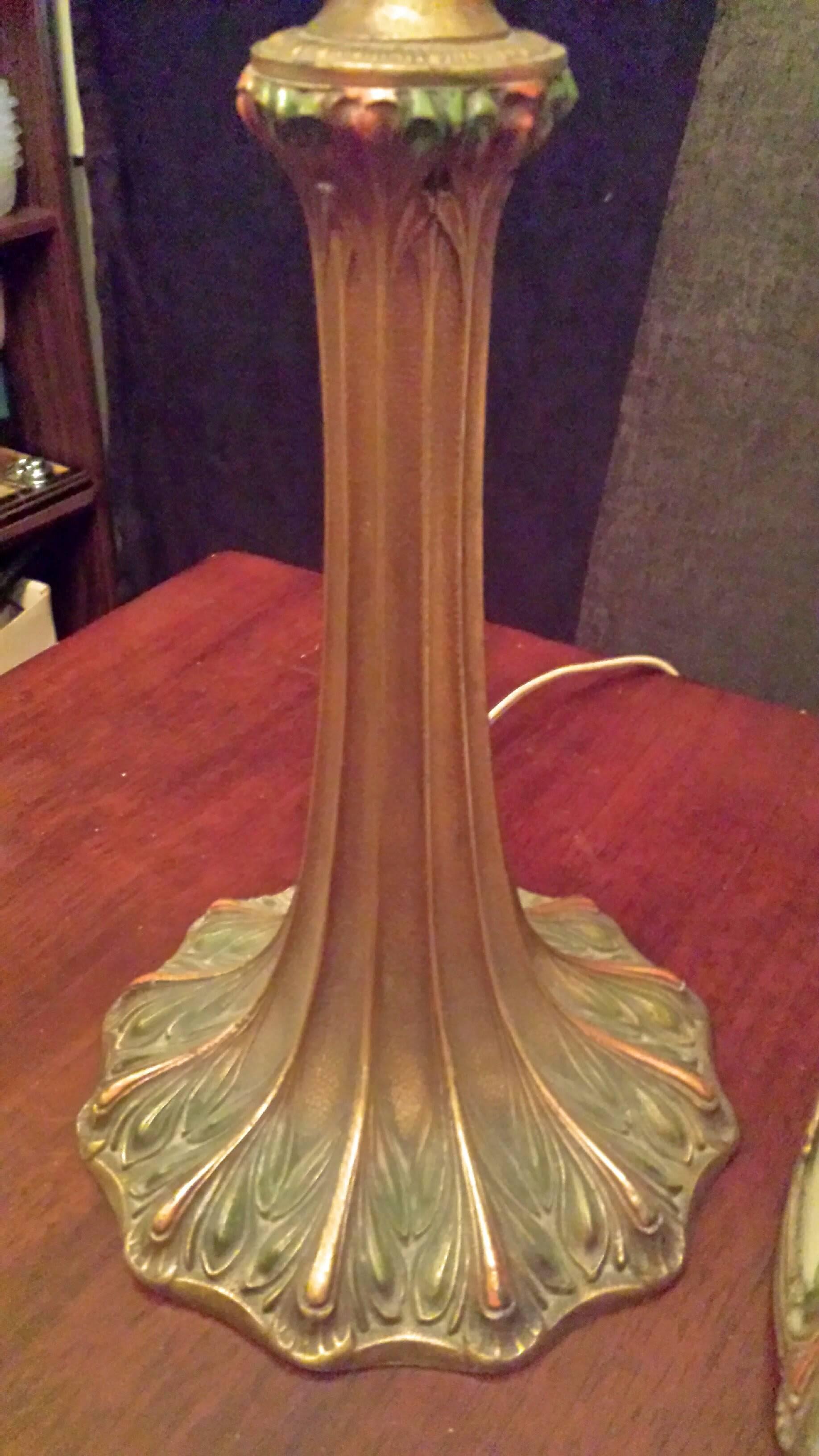 20th Century Slag Glass Table Lamp, Carmel Colored Glass with a Decorated Shade and Base
