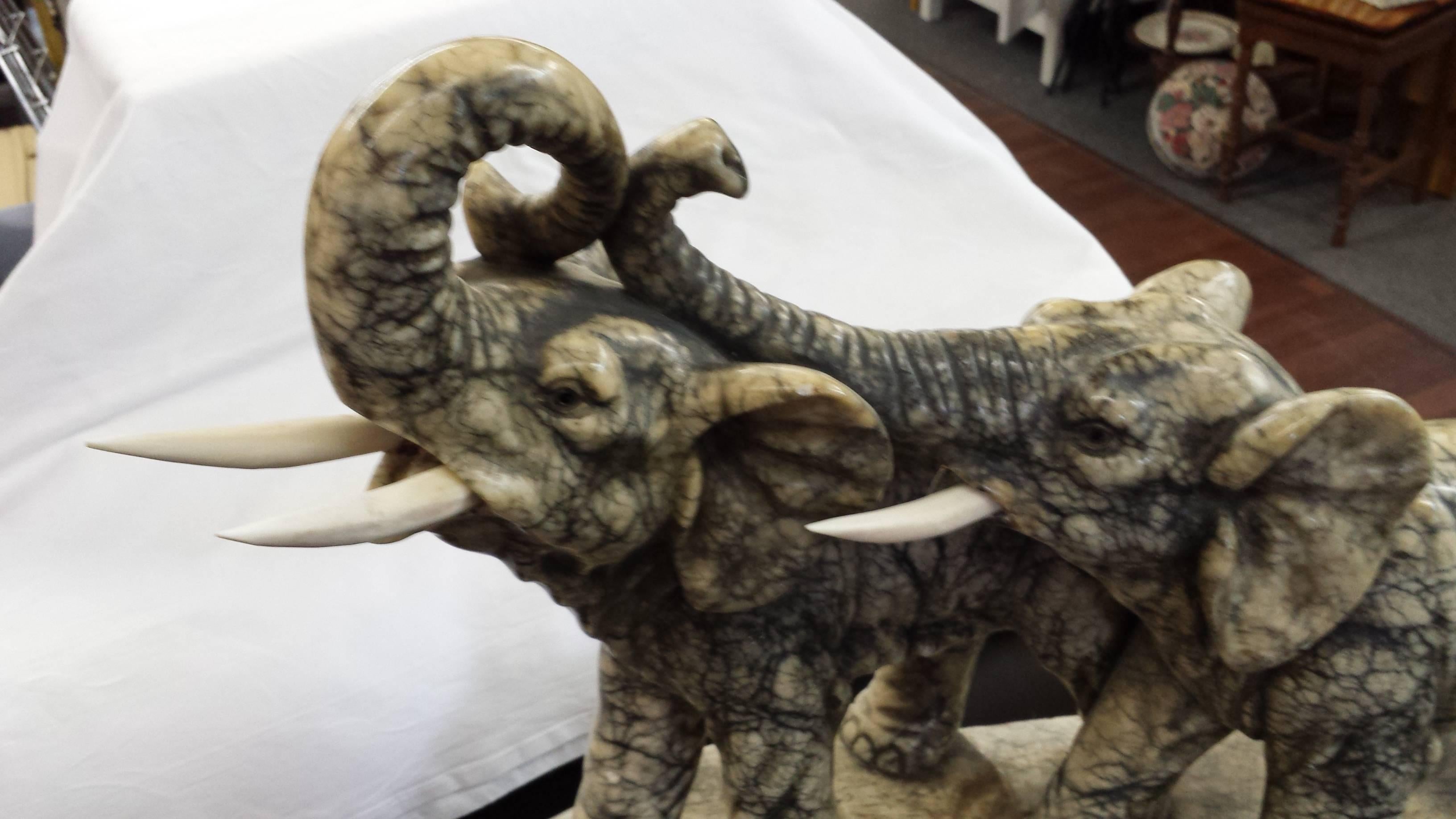 1930s Italian Alabaster &Marble Sculpture of Two Bull Elephants with Bone Tusks  In Good Condition In Ottawa, Ontario