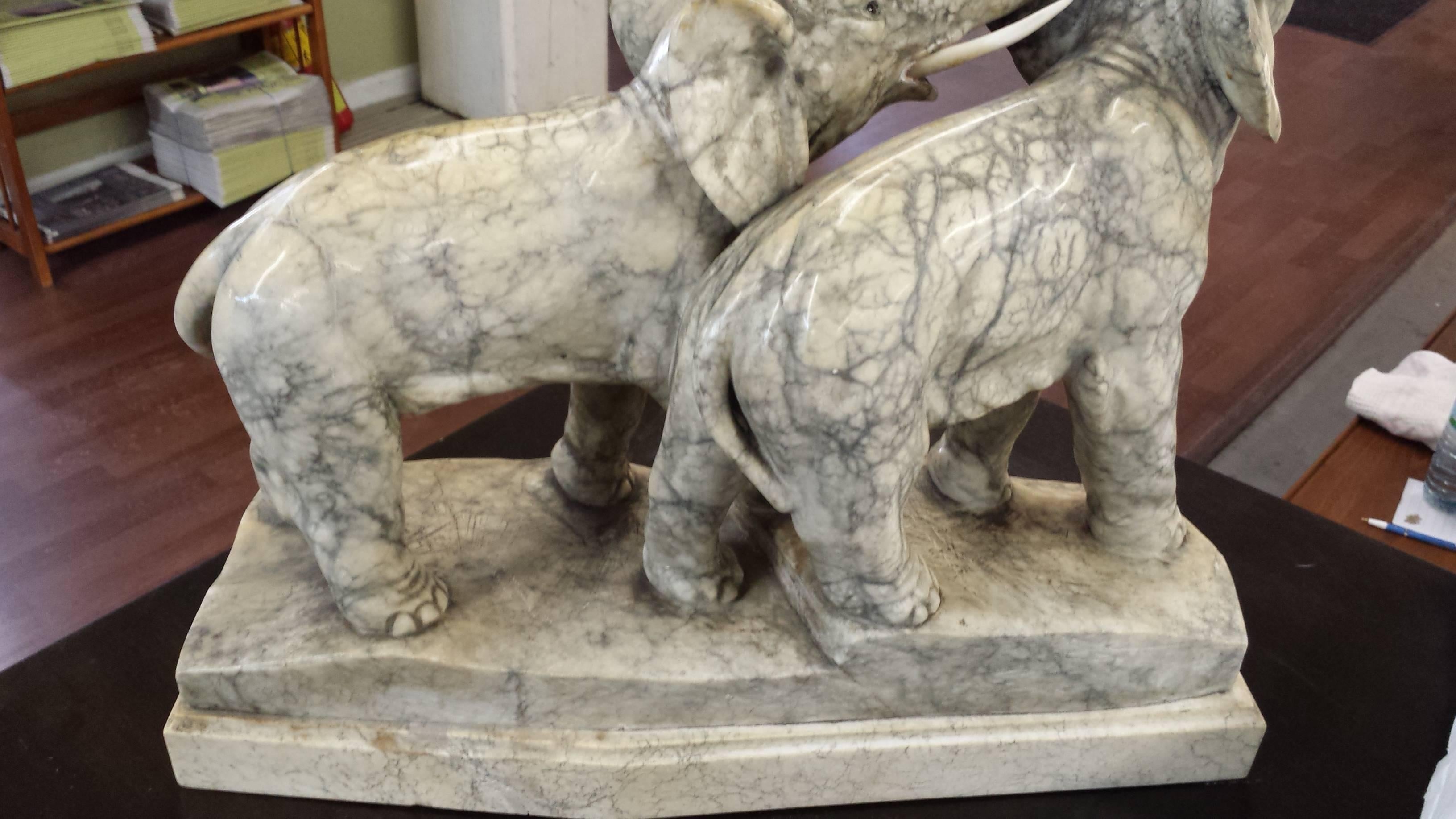 1930s Italian Alabaster &Marble Sculpture of Two Bull Elephants with Bone Tusks  1