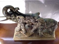 1930s Italian Alabaster &Marble Sculpture of Two Bull Elephants with Bone Tusks
