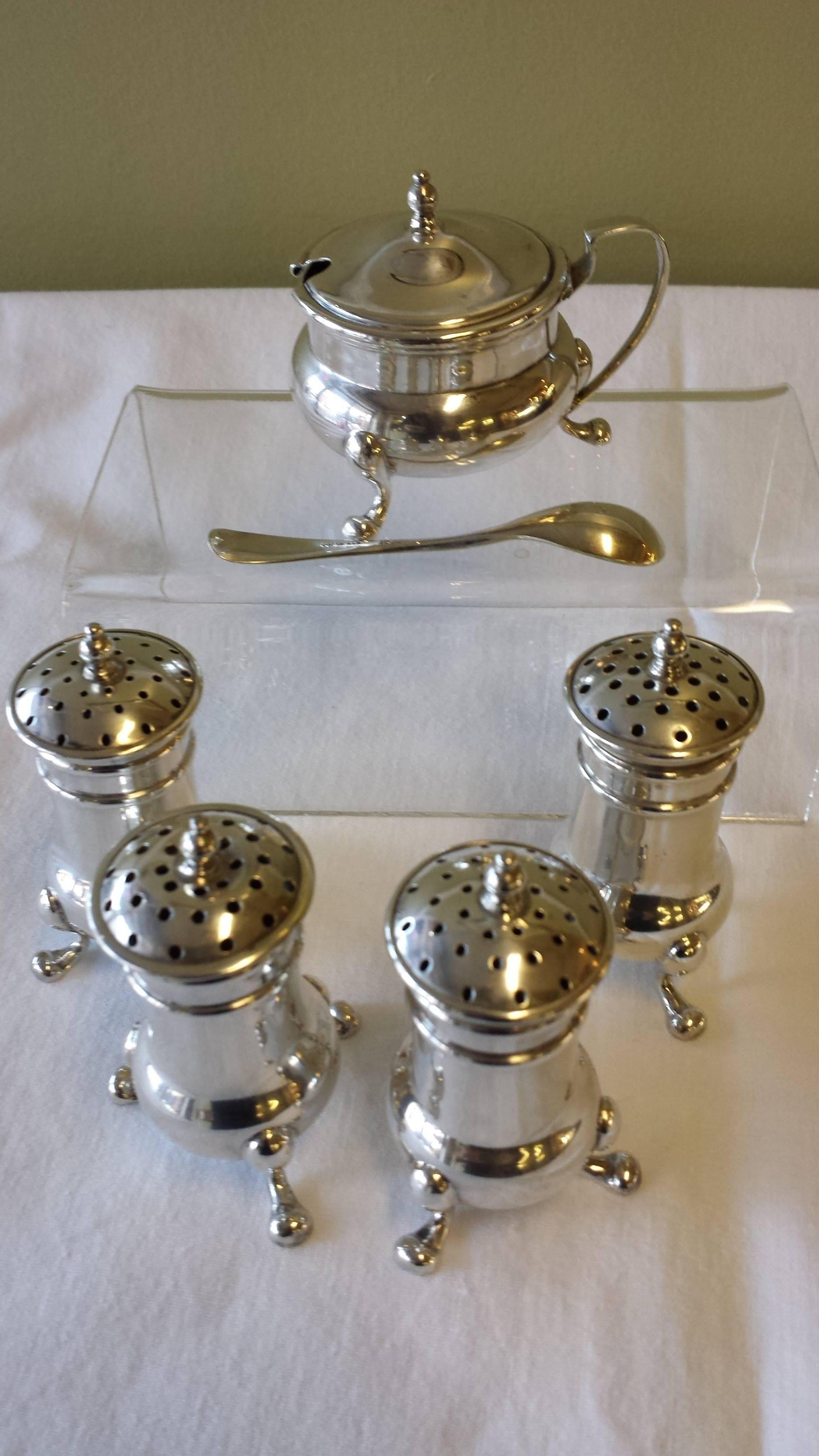 Canadian Five-Piece Sterling Silver Condiment Set and Spoon Retailed by Birks