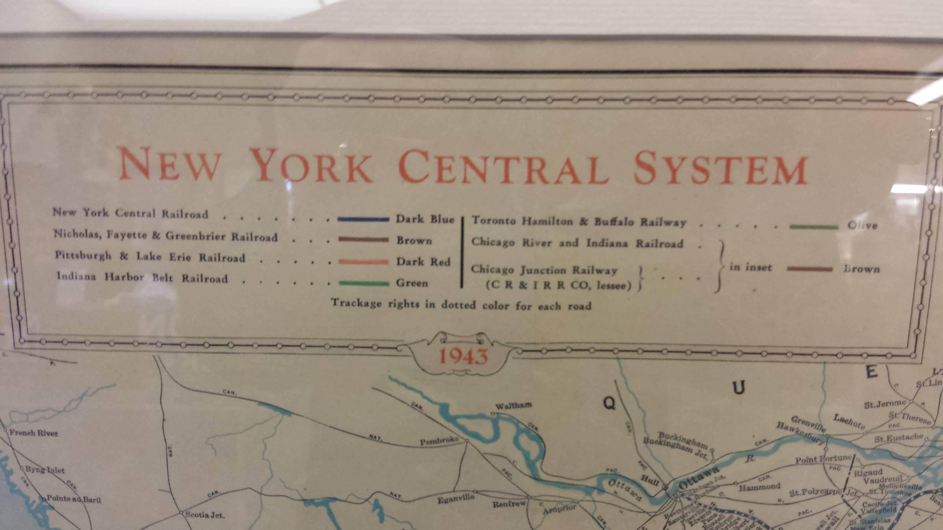 Framed New York Central Railway Map Original from 1943 With Railway Label, The map is by Baker, Jones, Hausauer, Inc. Buffalo, N.Y. The map covers all lines in Central NY to Ontario, Canada & West to Iowa & South to Virginia/Kentucky. The