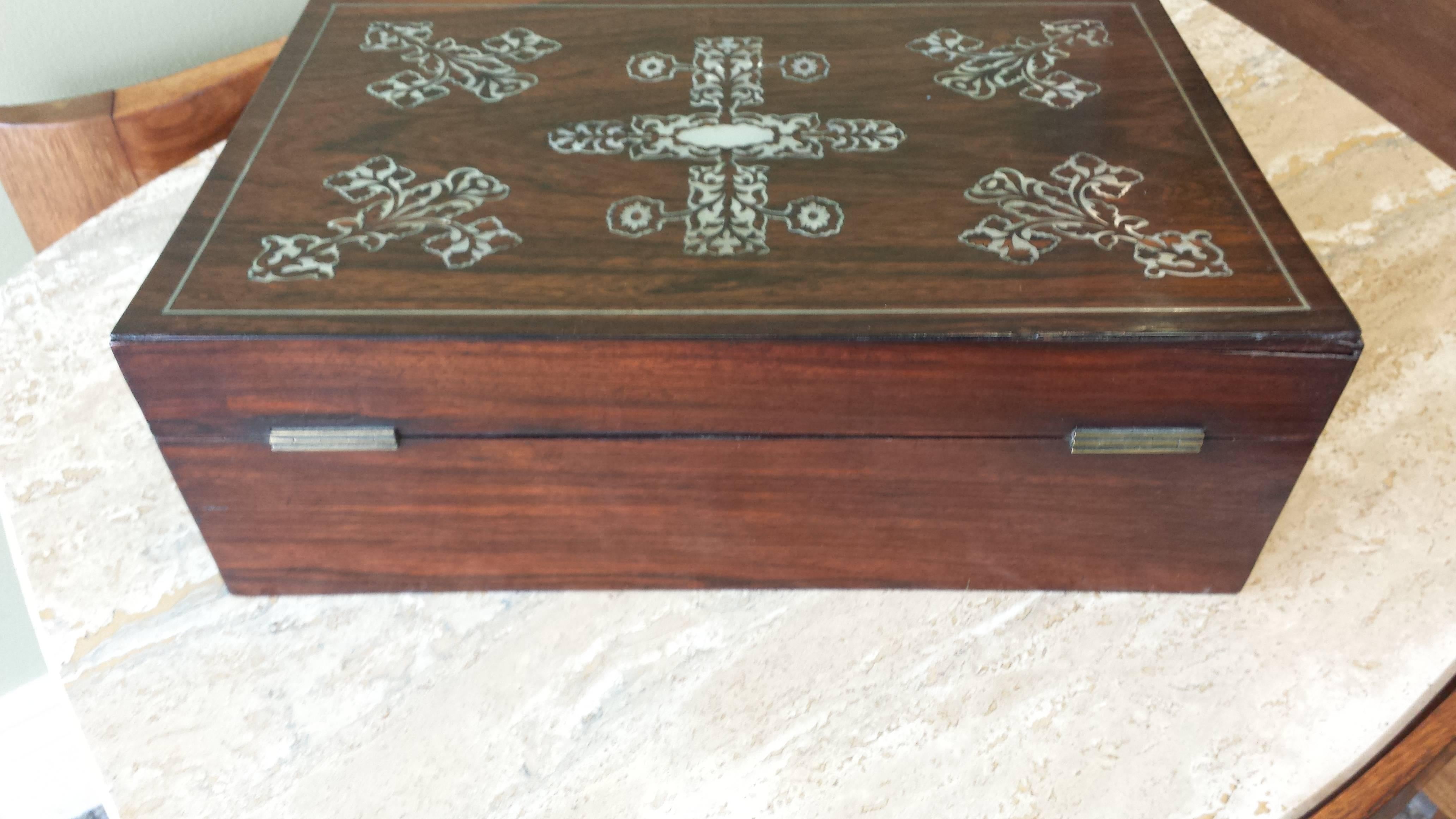 English Victorian Rosewood and Mother-of-Pearl Slanted Lap Desk Writing Compendium