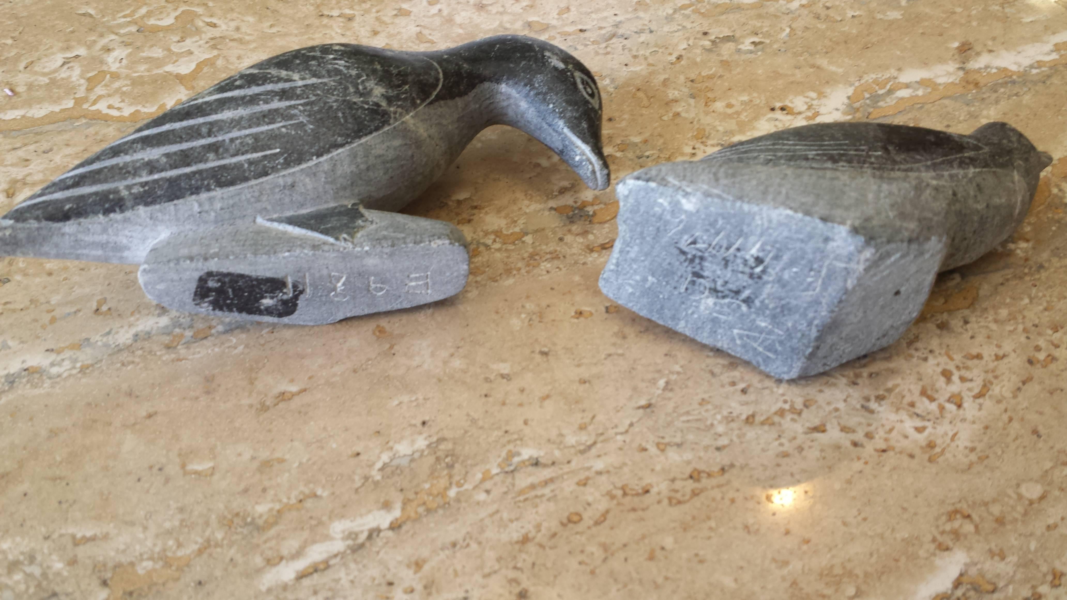 20th Century Pr. of Soapstone Sculptures Inuit Birds Signed Syllabics E Number for Carver ID. For Sale