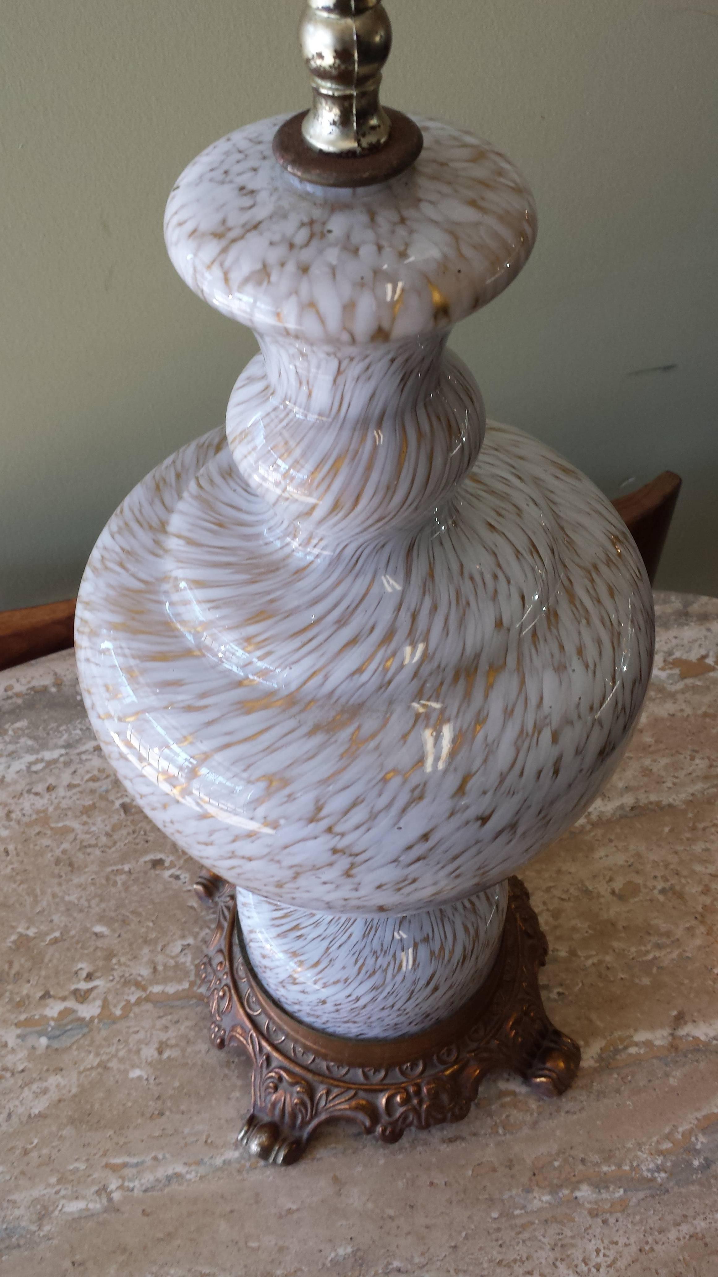 Italian Murano Gold and White Swirl Glass Table Lamp For Sale