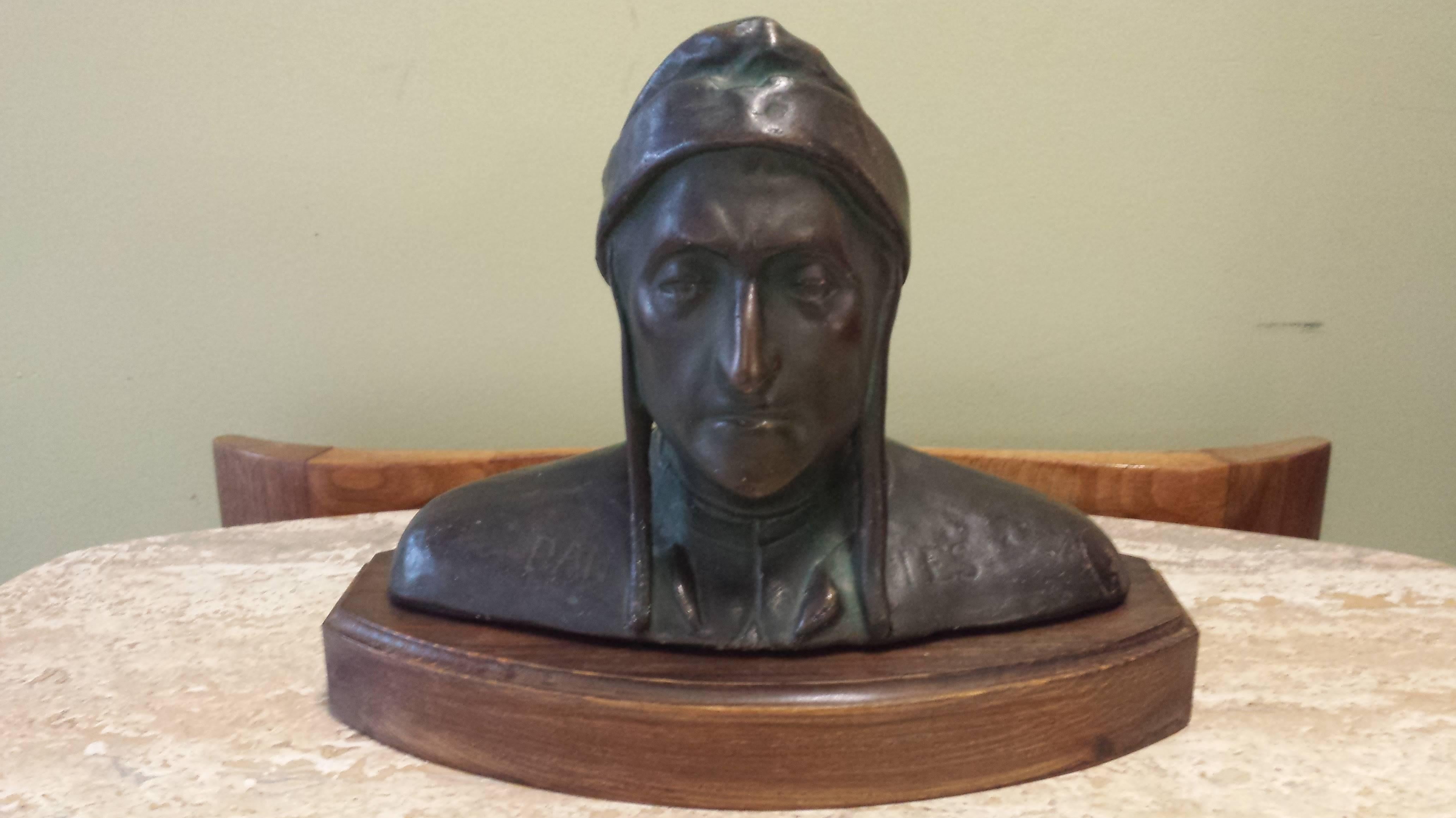 Bronzed plaster portrait bust of Dantes Alighieri, circa 1890-1900, made in Italy, mounted on a wood stand, measuring 7