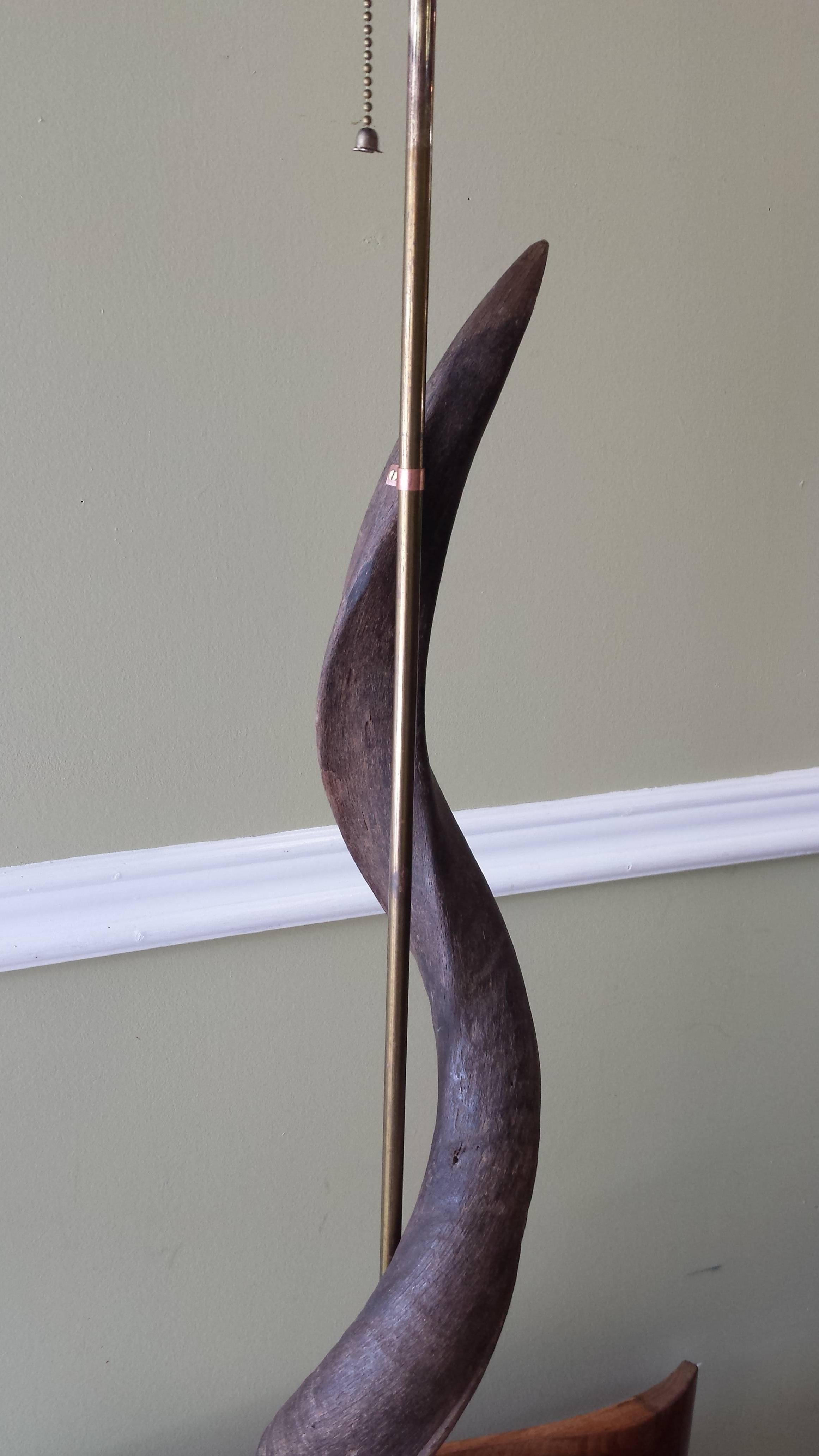 Mid-Century Modern African Greater Kudu Horn Floor Lamp, Custom Lampshade & Colored Feather Finial