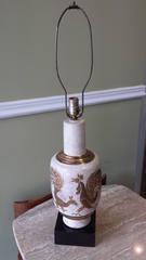 Waylande Gregory Style Gilt Etched Ceramic Table Lamp Hand Decorated Roosters