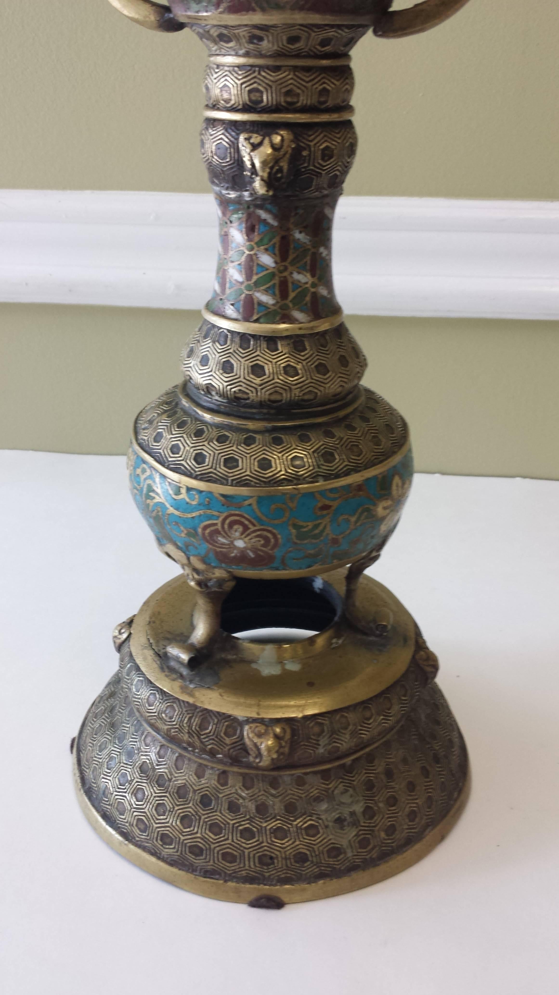 Enamel Bronze Champlevé Buddhist Temple Altar Candle Holder Meiji Period For Sale