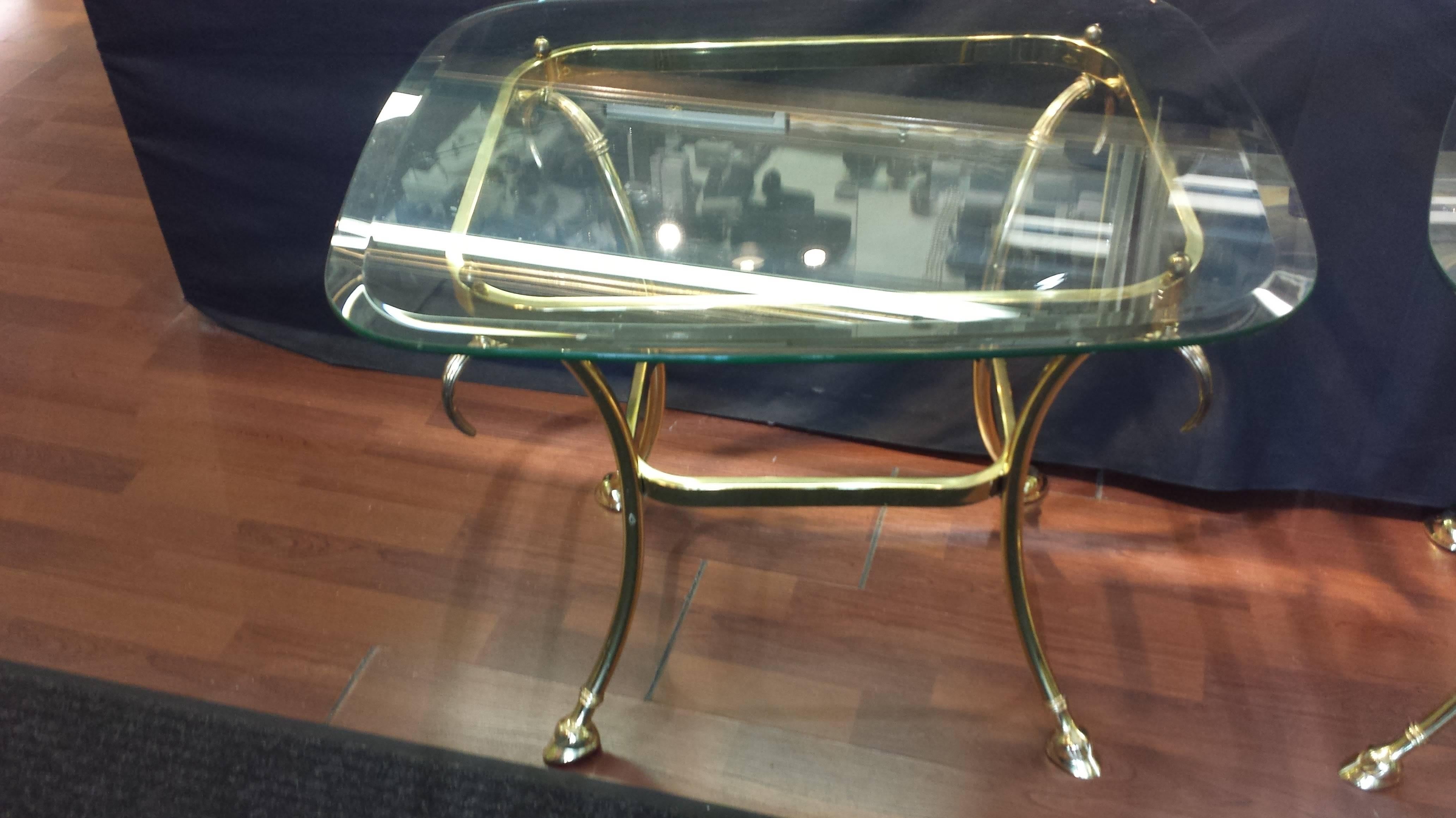 Pair of Hollywood Regency Brass and Glass Side Tables For Sale 4