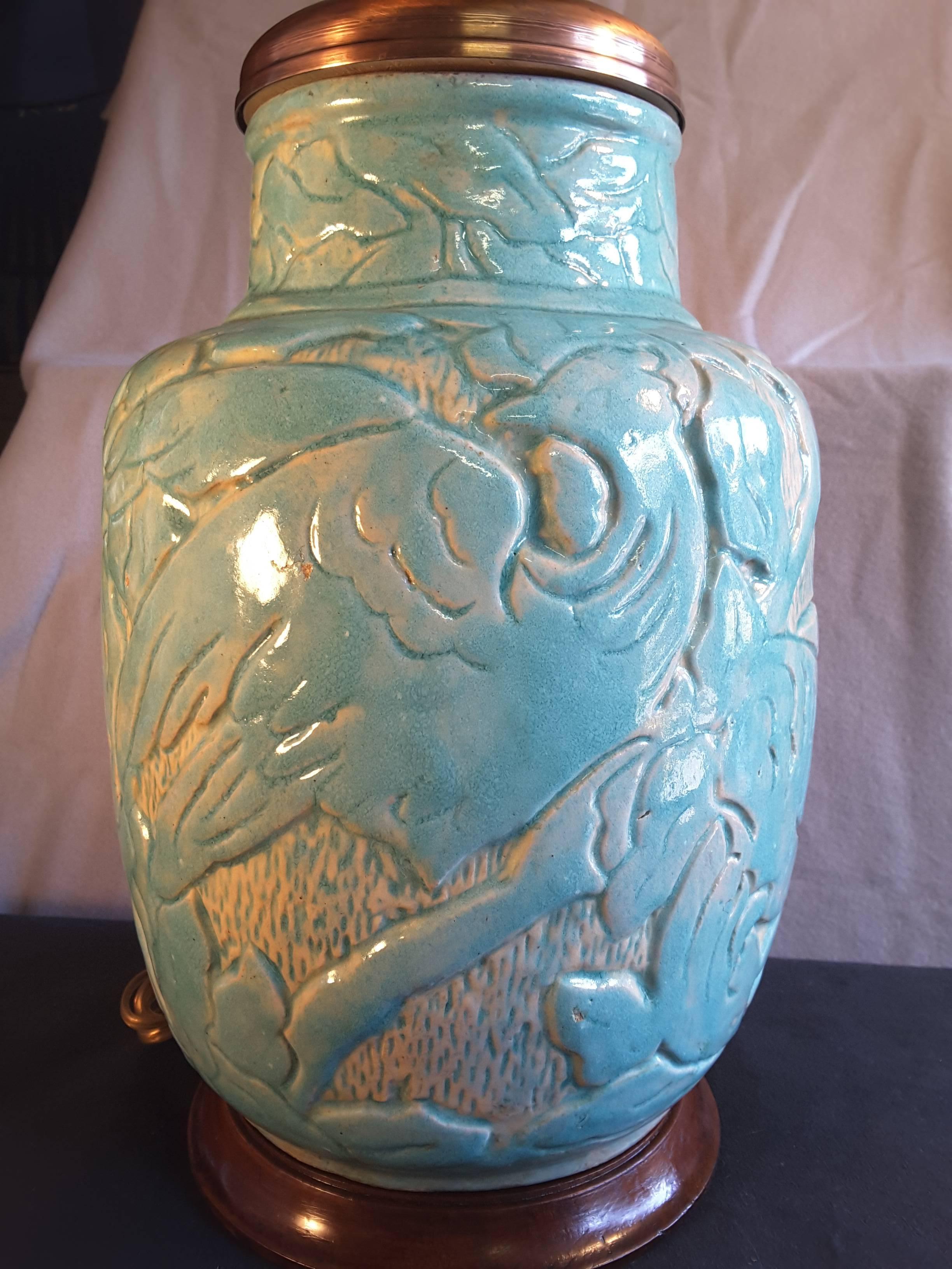 A rare massive turquoise enamelled "Zolo" stoneware vase, mounted as a lamp, with incised decorated surface in an Art Deco style and bird motif, Marked "ZOLO" on the base and inscribed "France 1926."
The lamp/vase