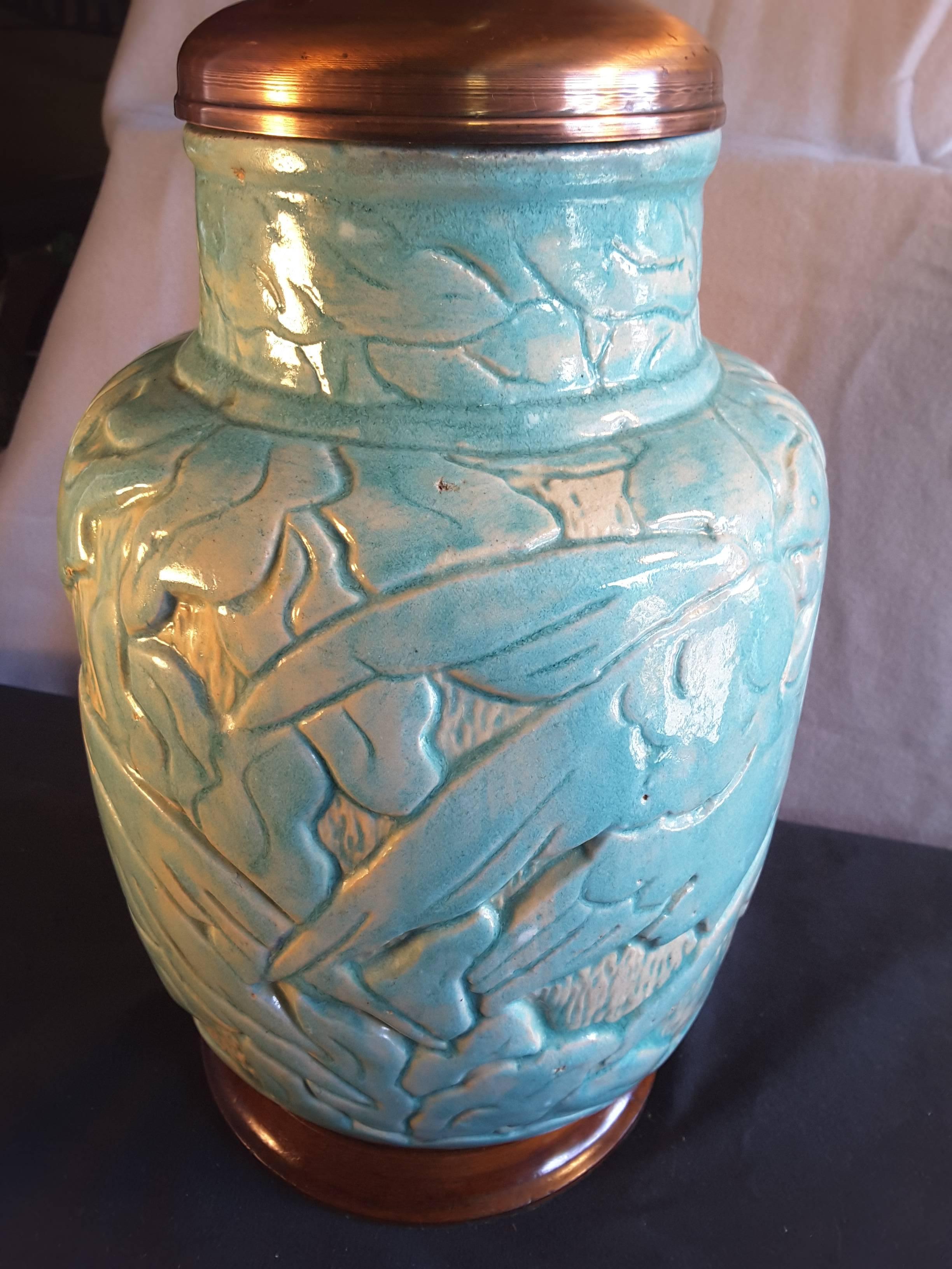 Rare vase en grès « Zolo » émaillé de turquoise massif, monté comme une lampe, 1926 en vente 2