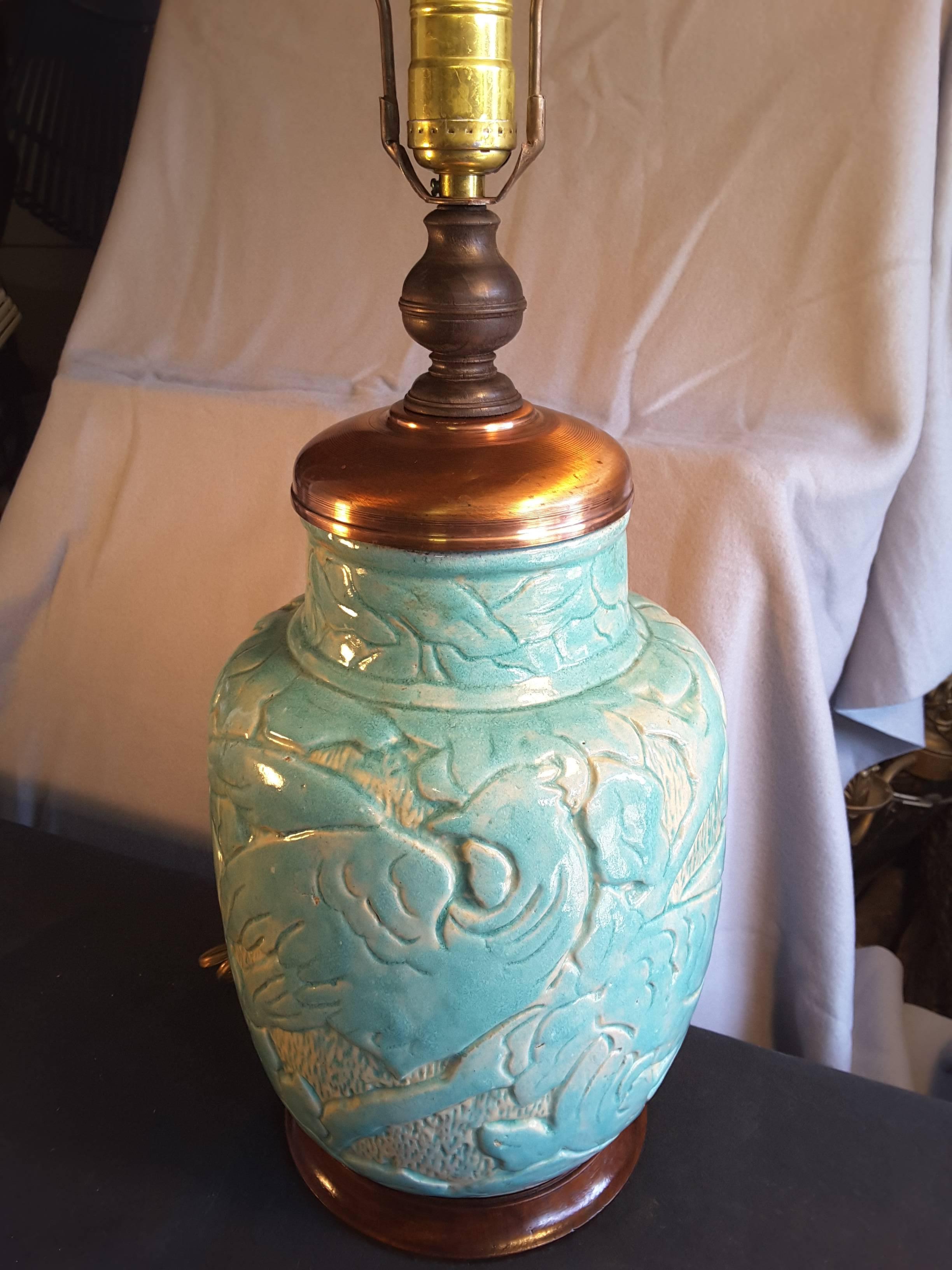 Seltene massive türkisfarbene emaillierte Steingutvase „Zolo“ aus Steingut, montiert als Lampe 1926 im Angebot 4