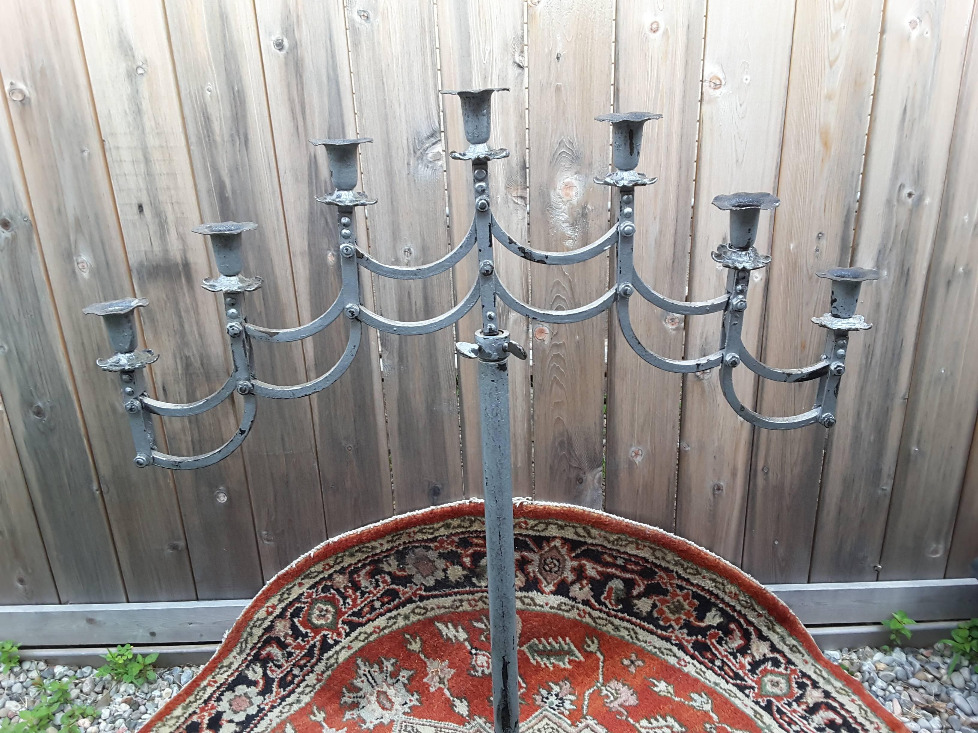 Metal Wrought Iron Candelabra with Adjustable Height and Articulated Seven-Arm Holder