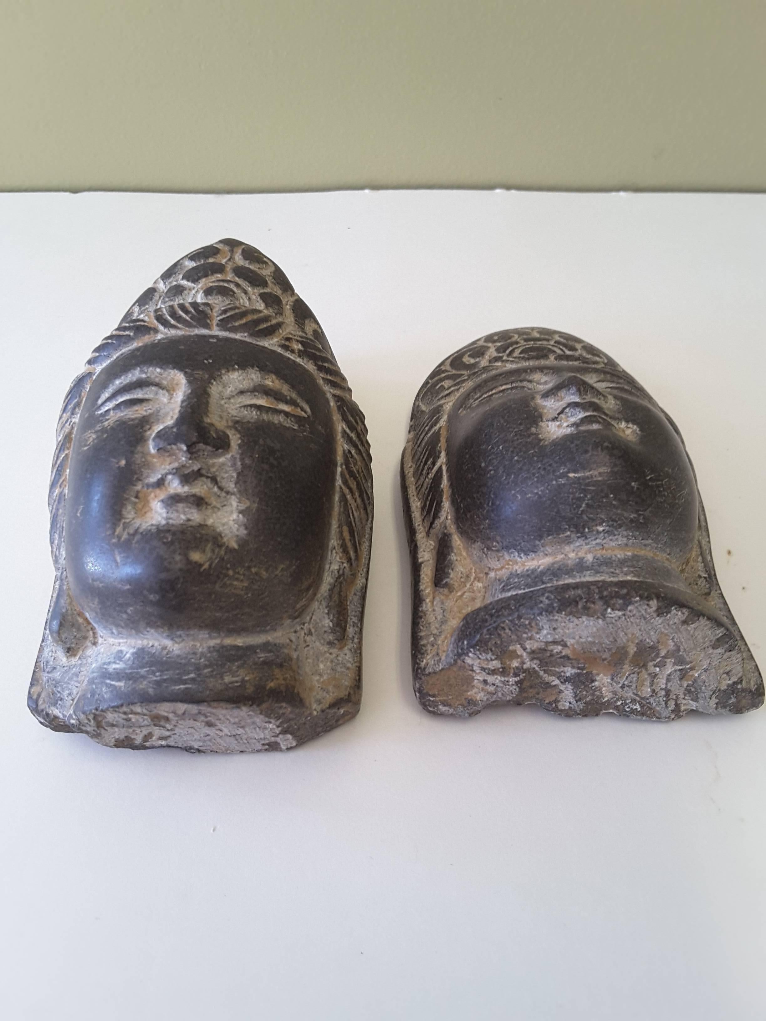 An Asian Pair of Buddha Stone Heads, Mixed Pair, Unmounted In Good Condition In Ottawa, Ontario