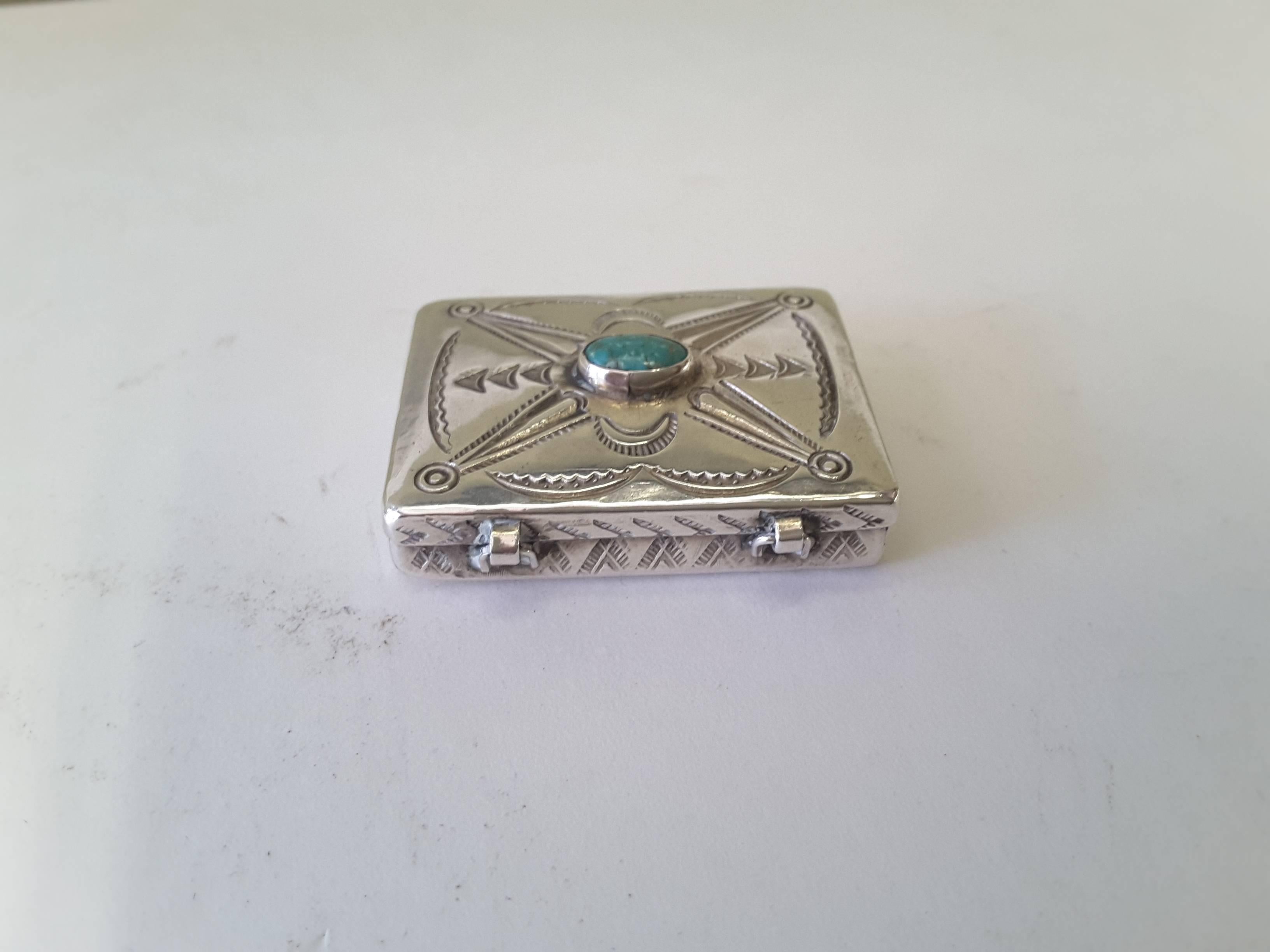 American Miniature .925 Silver and Turquoise Navajo Trinket Box, Typical Navajo  Design