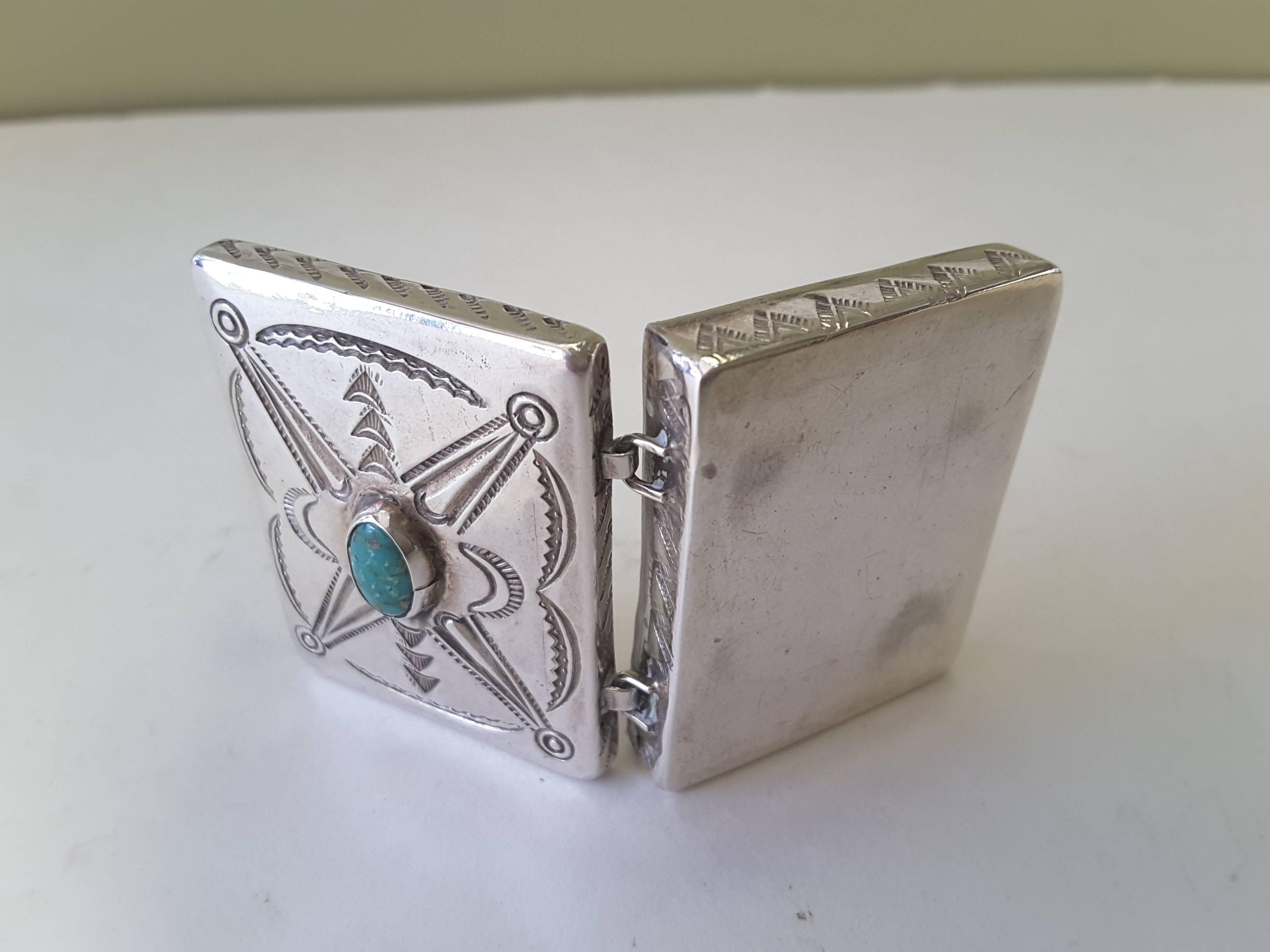 20th Century Miniature .925 Silver and Turquoise Navajo Trinket Box, Typical Navajo  Design