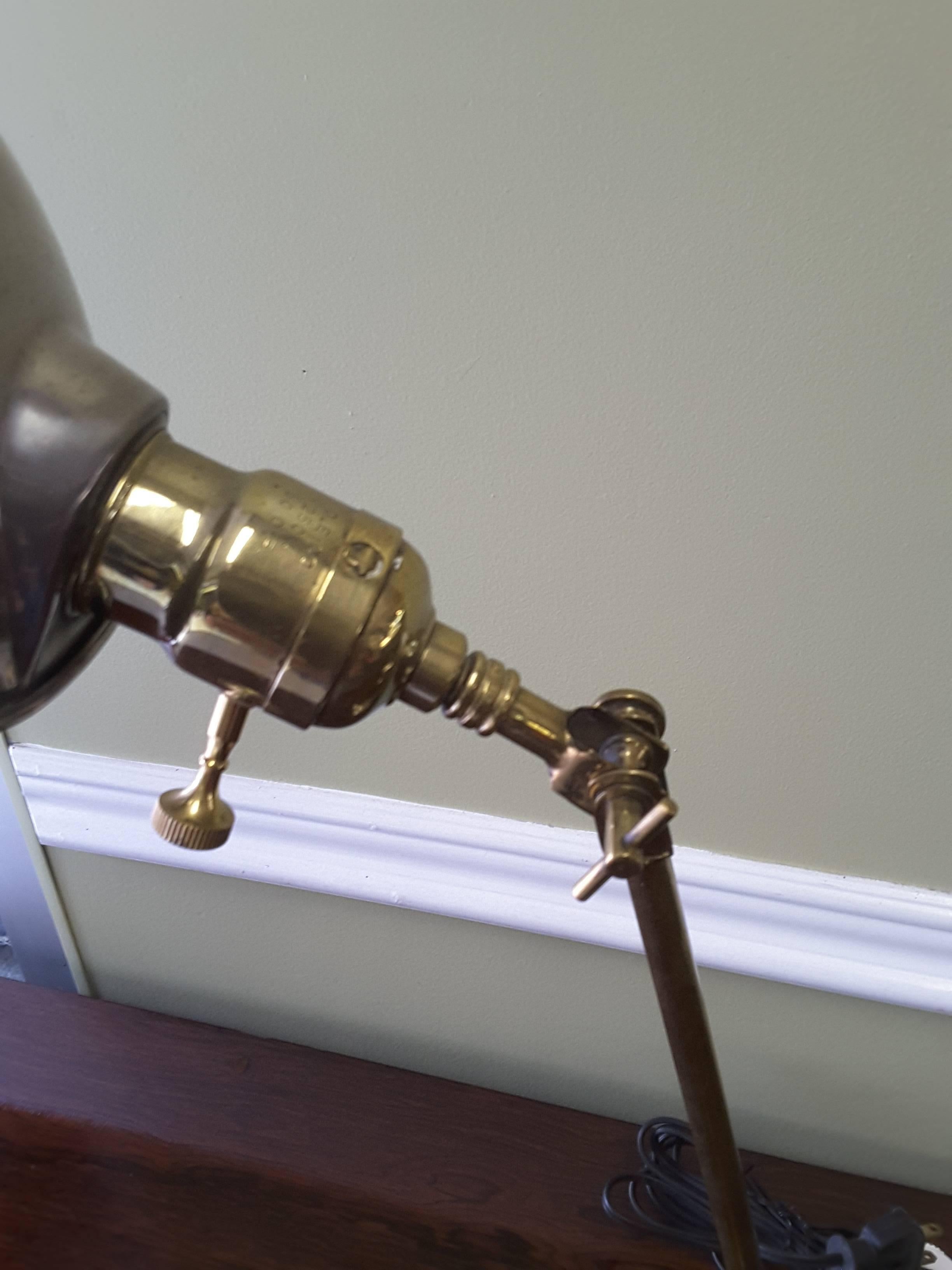American Faries Industrial Brass Adjustable Desk Lamp with Steel Shade, circa 1920