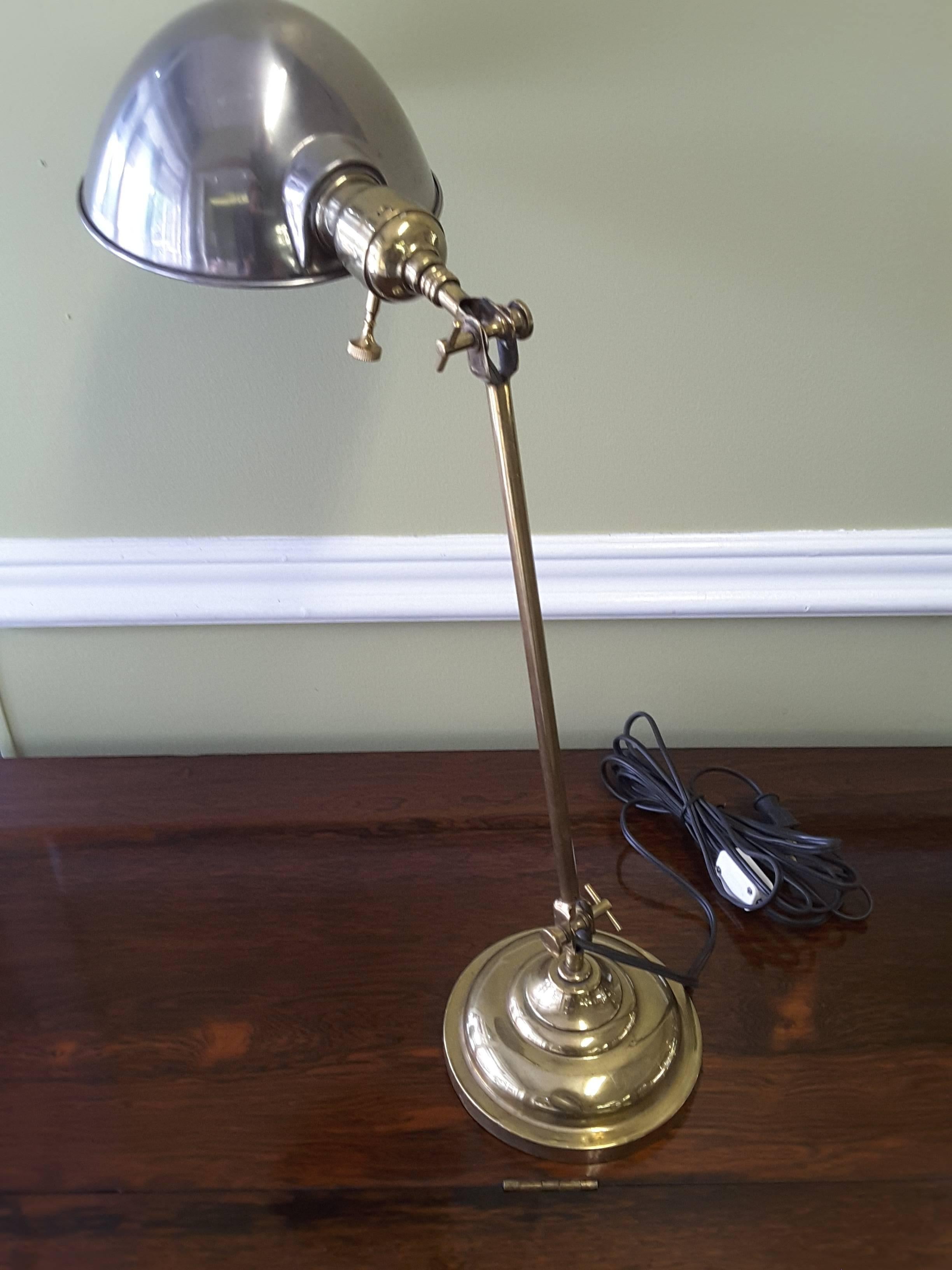 Faries Industrial Brass Adjustable Desk Lamp with Steel Shade, circa 1920 2