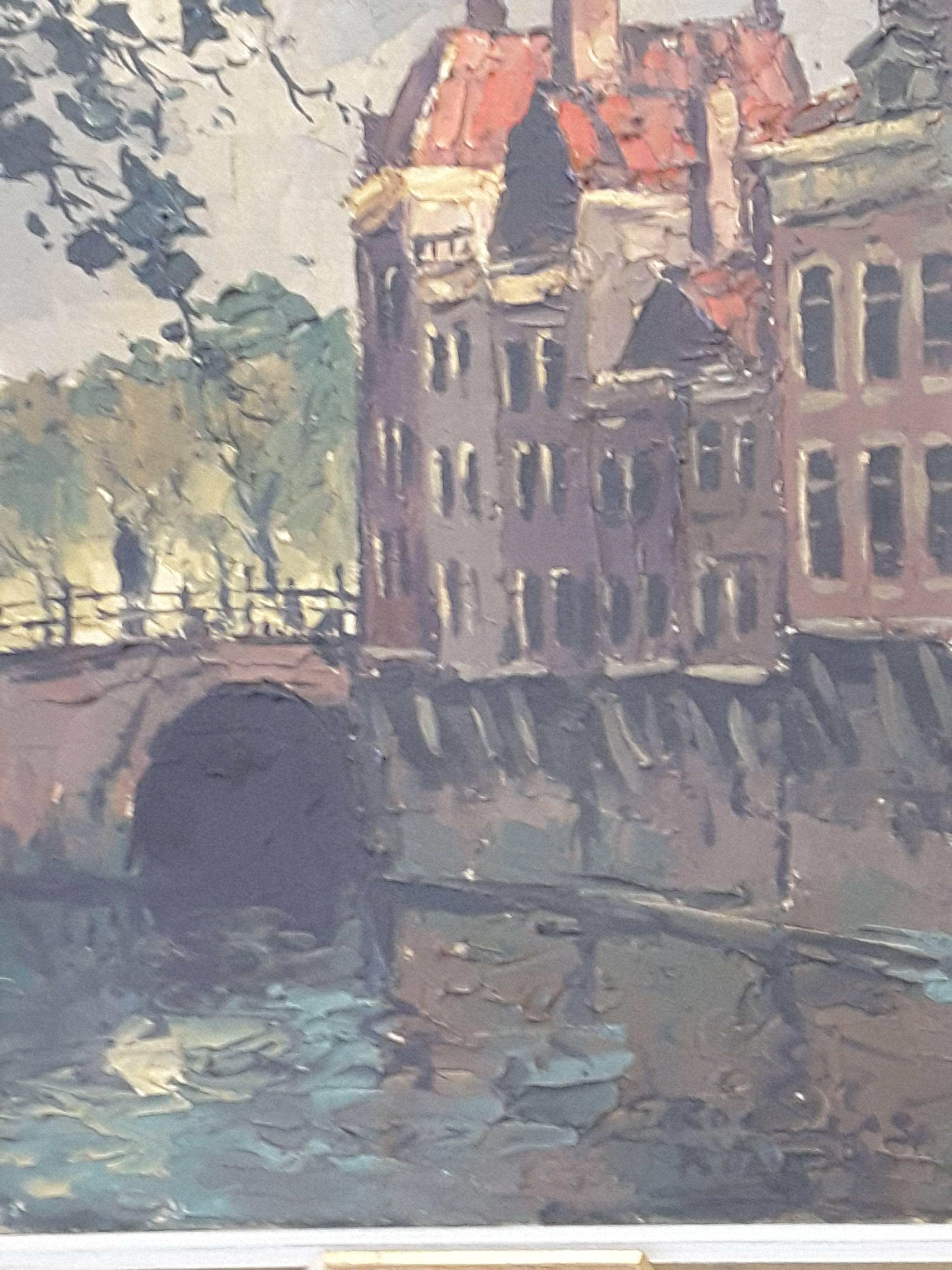 Expressionist Gerhard Cohn Roemers Painting, Oil on Canvas, Canal Scene Near Grote Market