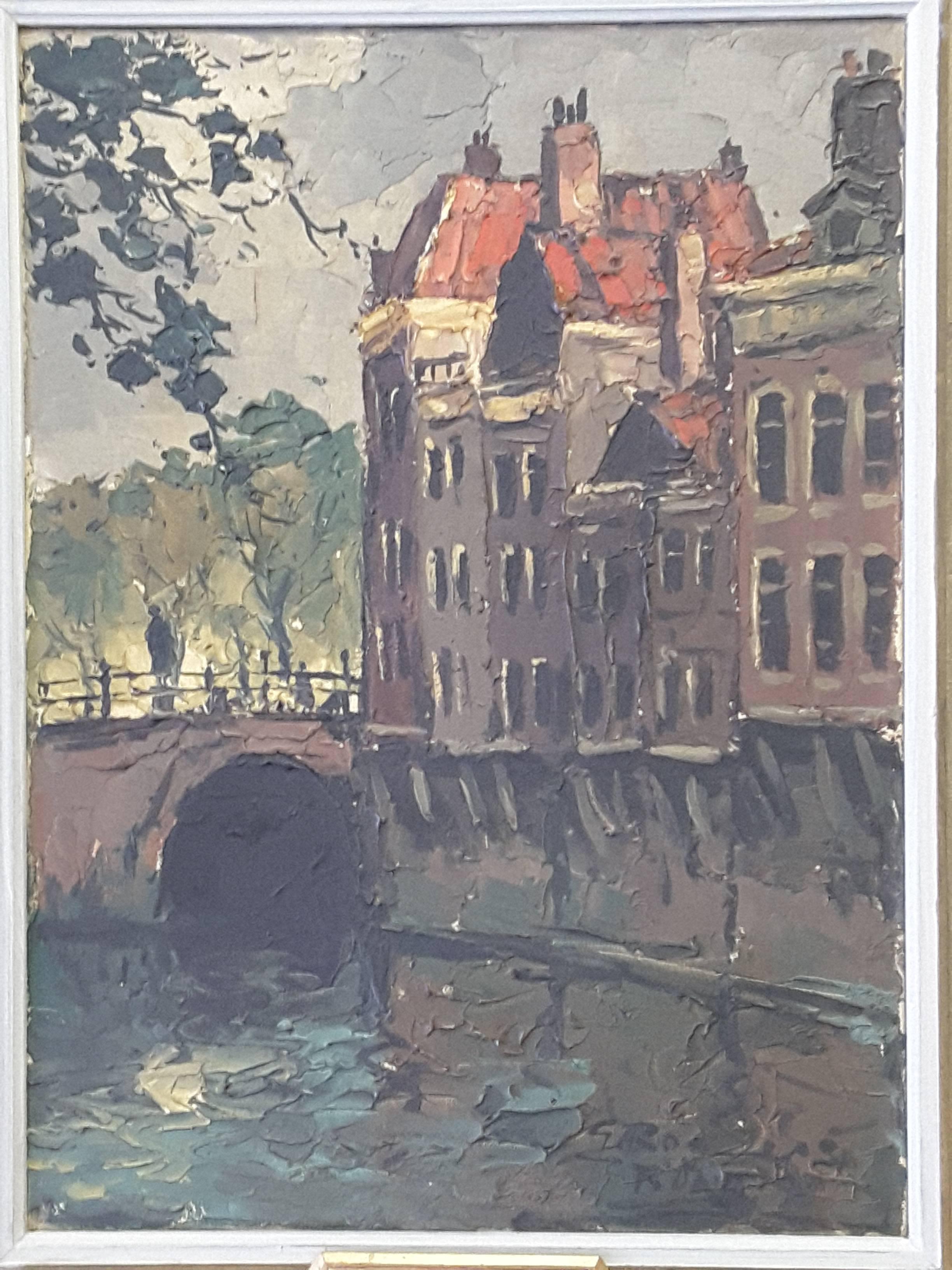 German Gerhard Cohn Roemers Painting, Oil on Canvas, Canal Scene Near Grote Market