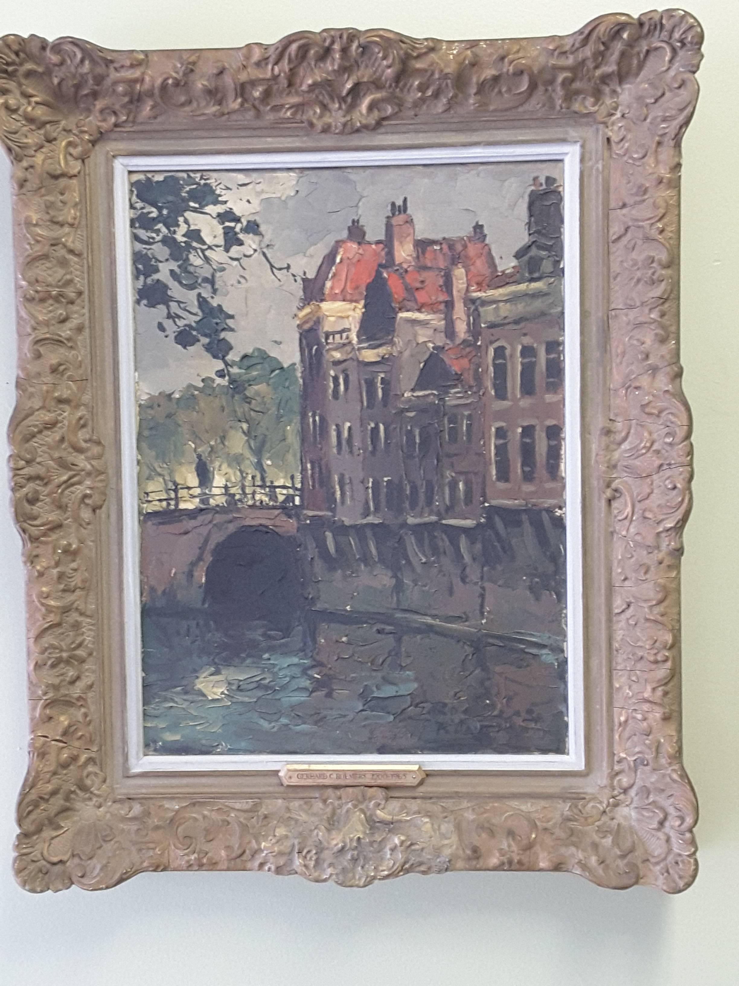 Gerhard Cohn Roemers Painting, Oil on Canvas, Canal Scene Near Grote Market In Good Condition In Ottawa, Ontario