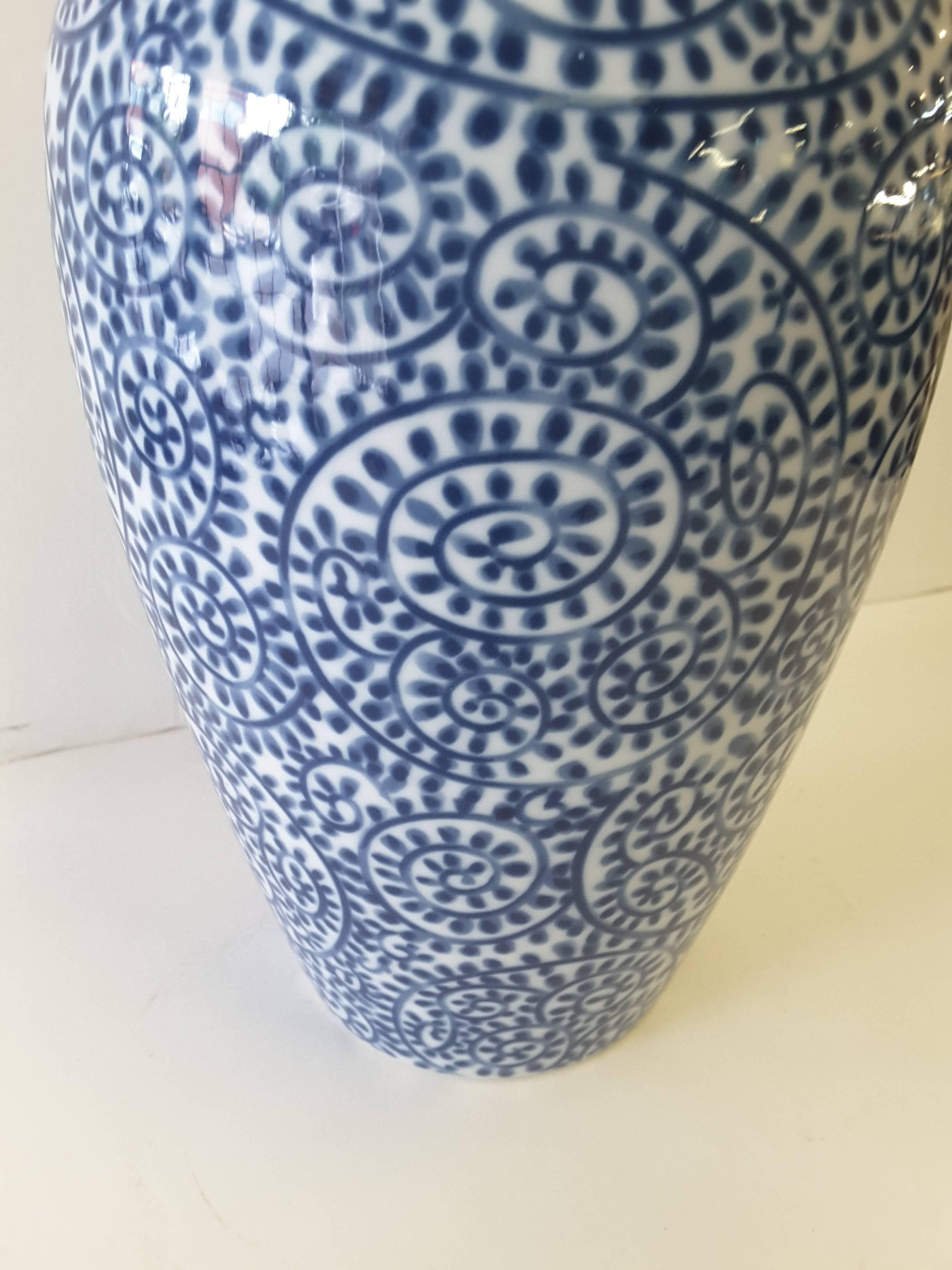 Tribal Japanese Blue and White Porcelain Hand Decorated Vase, 