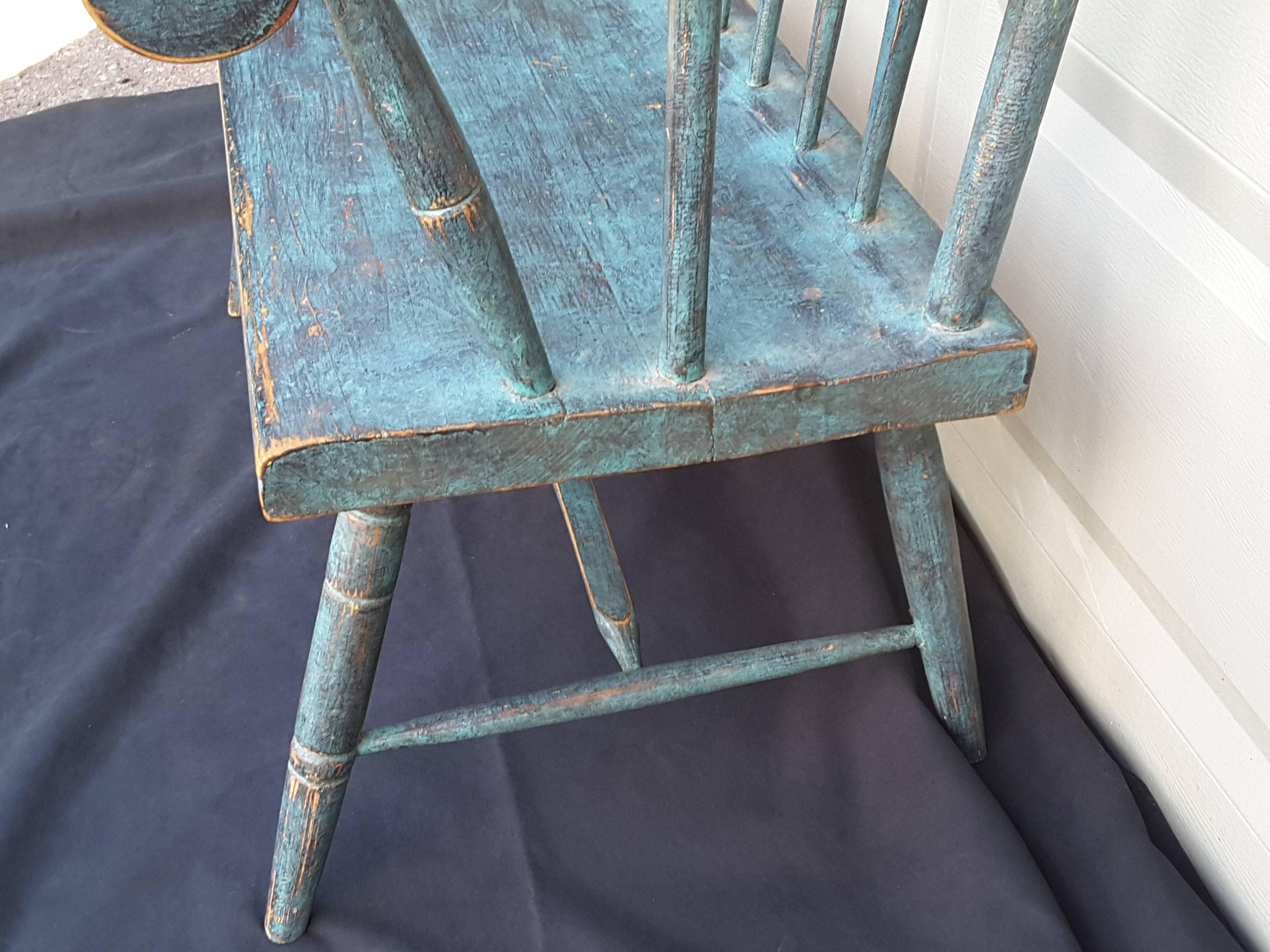 19th Century New England, Pine Spear Back Windsor Bench in Turquoise Blue, (Circa 1880)