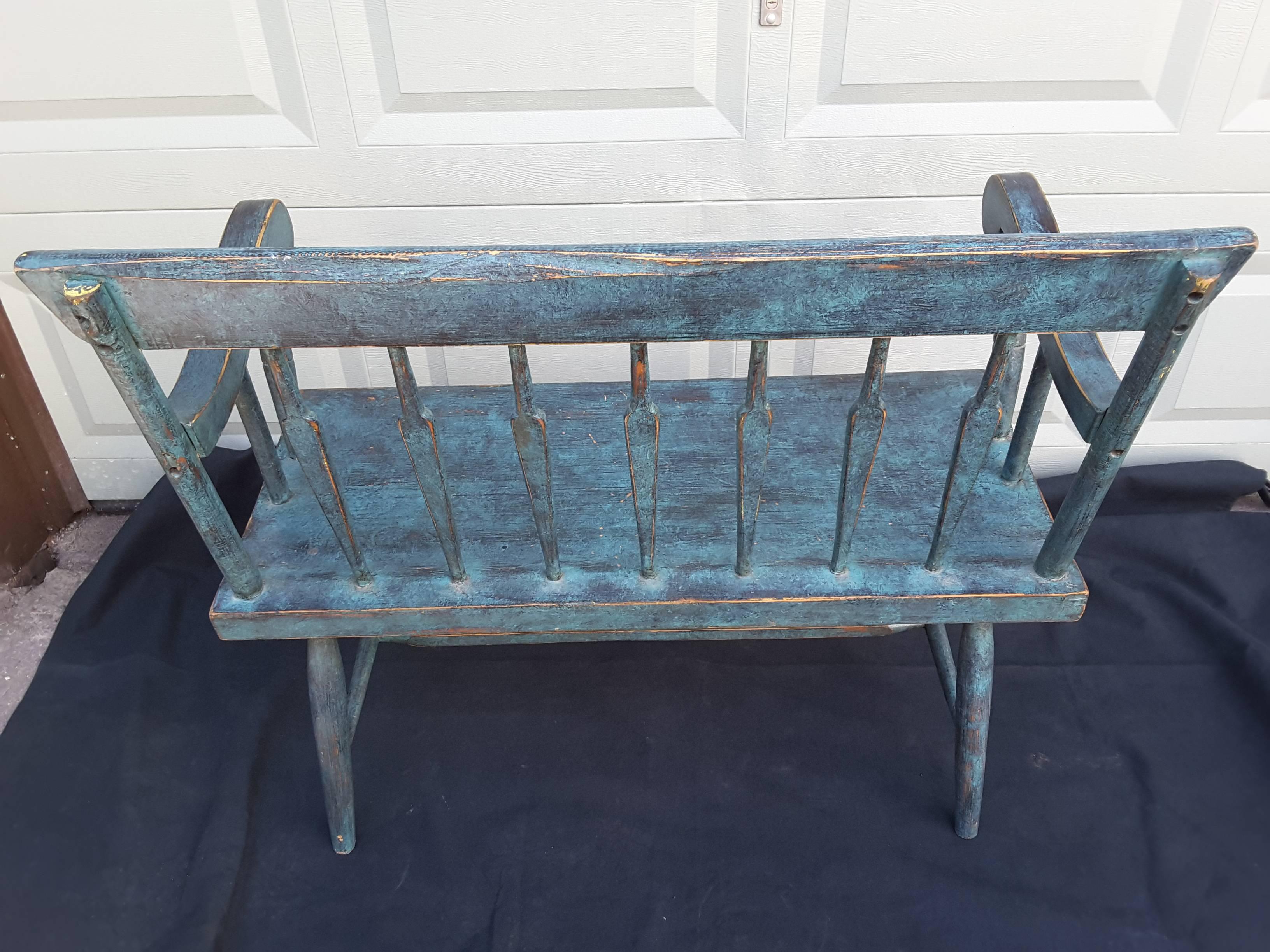 New England, Pine Spear Back Windsor Bench in Turquoise Blue, (Circa 1880) 1