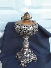 Angel Face Oil Lamp Silver Tone Finish Scrolled Foot & Acanthus Leaf Decoration