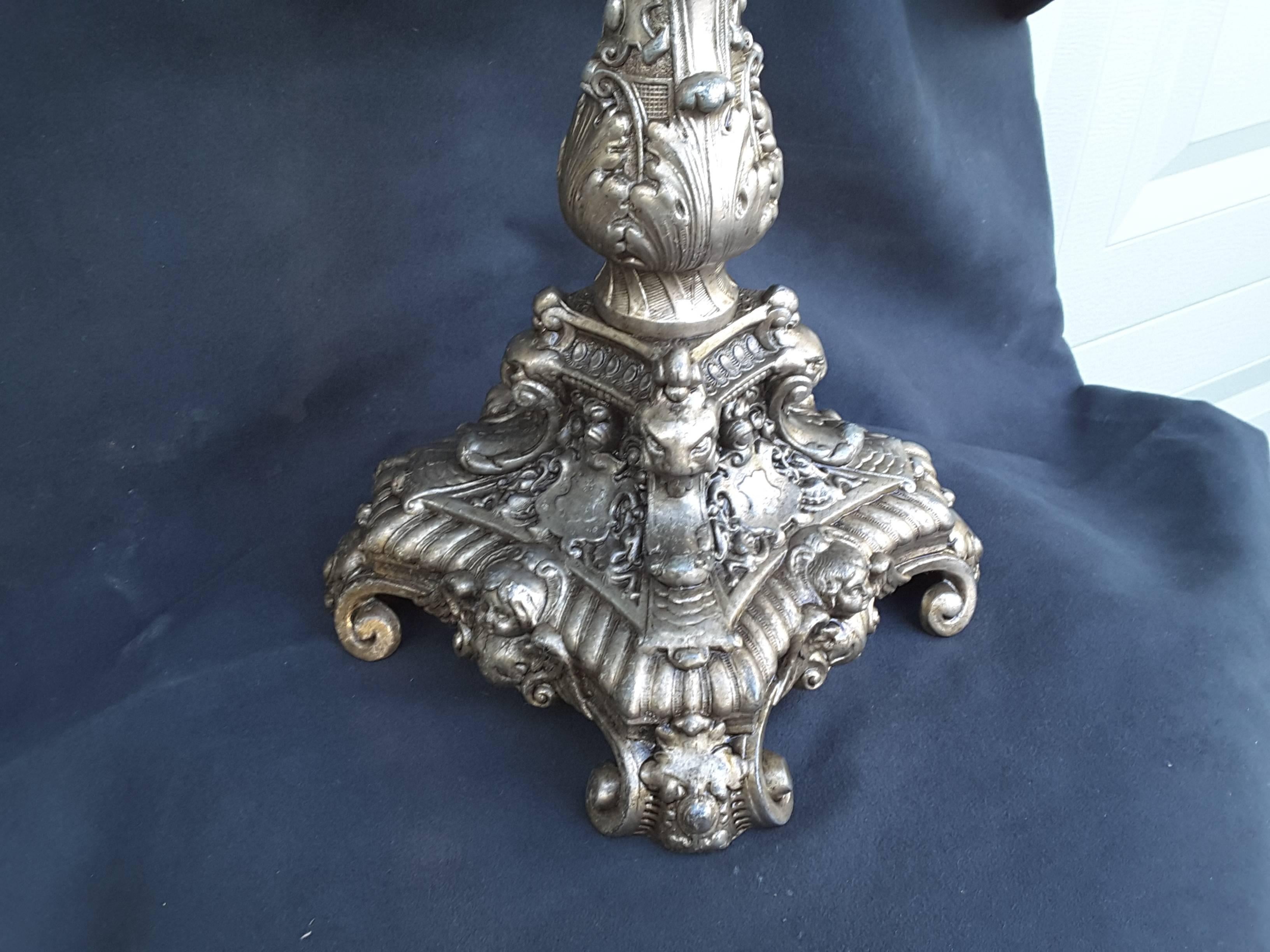 Victorian Angel Face Oil Lamp Silver Tone Finish Scrolled Foot & Acanthus Leaf Decoration