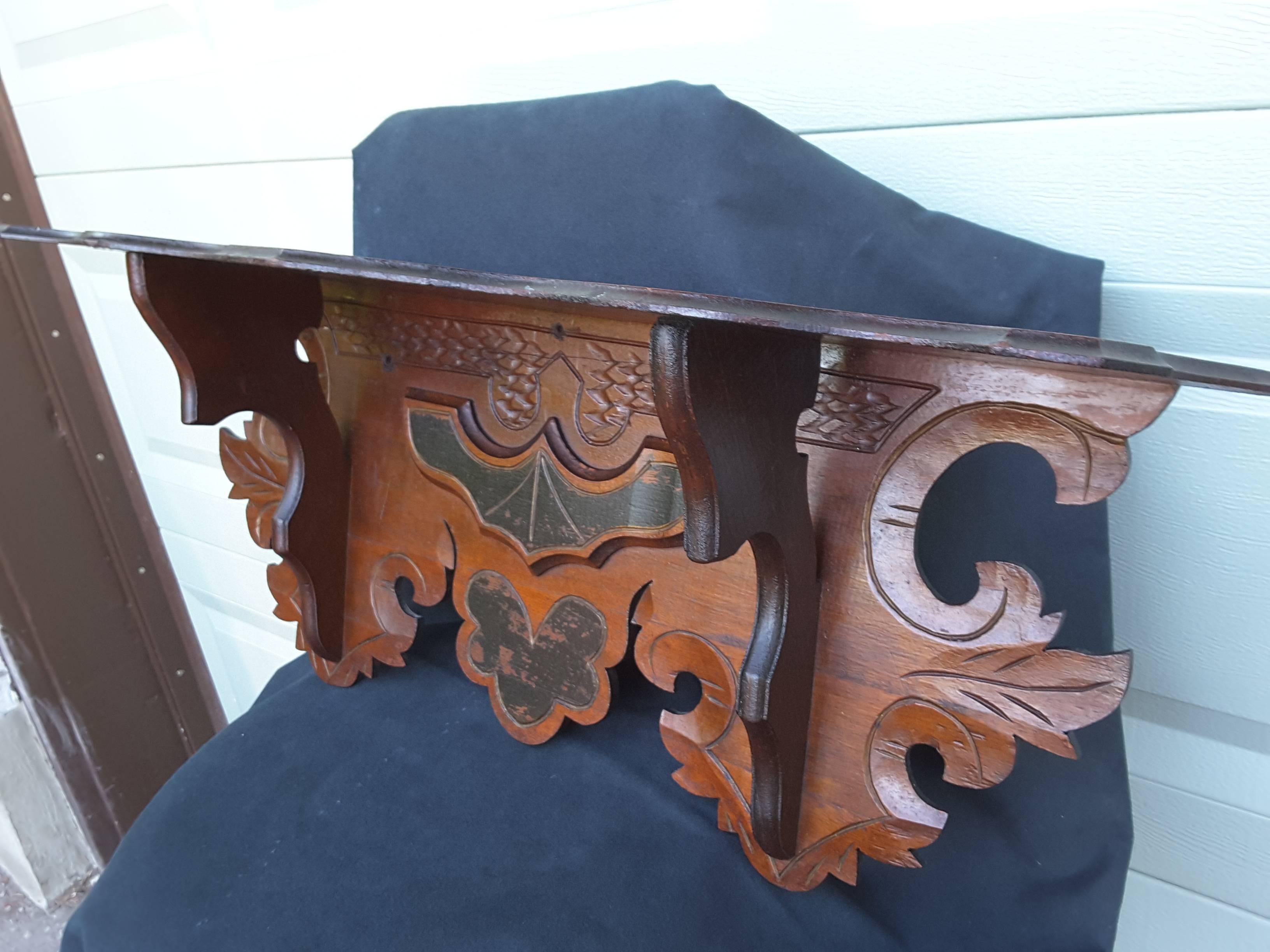 Edwardian Solid Walnut Carved Wall, Clock Shelf with Black Accented Highlights In Good Condition In Ottawa, Ontario