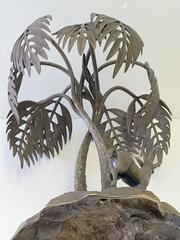 Bronzed Sculpture of a Palm Tree and Gazelle on a Rock Base