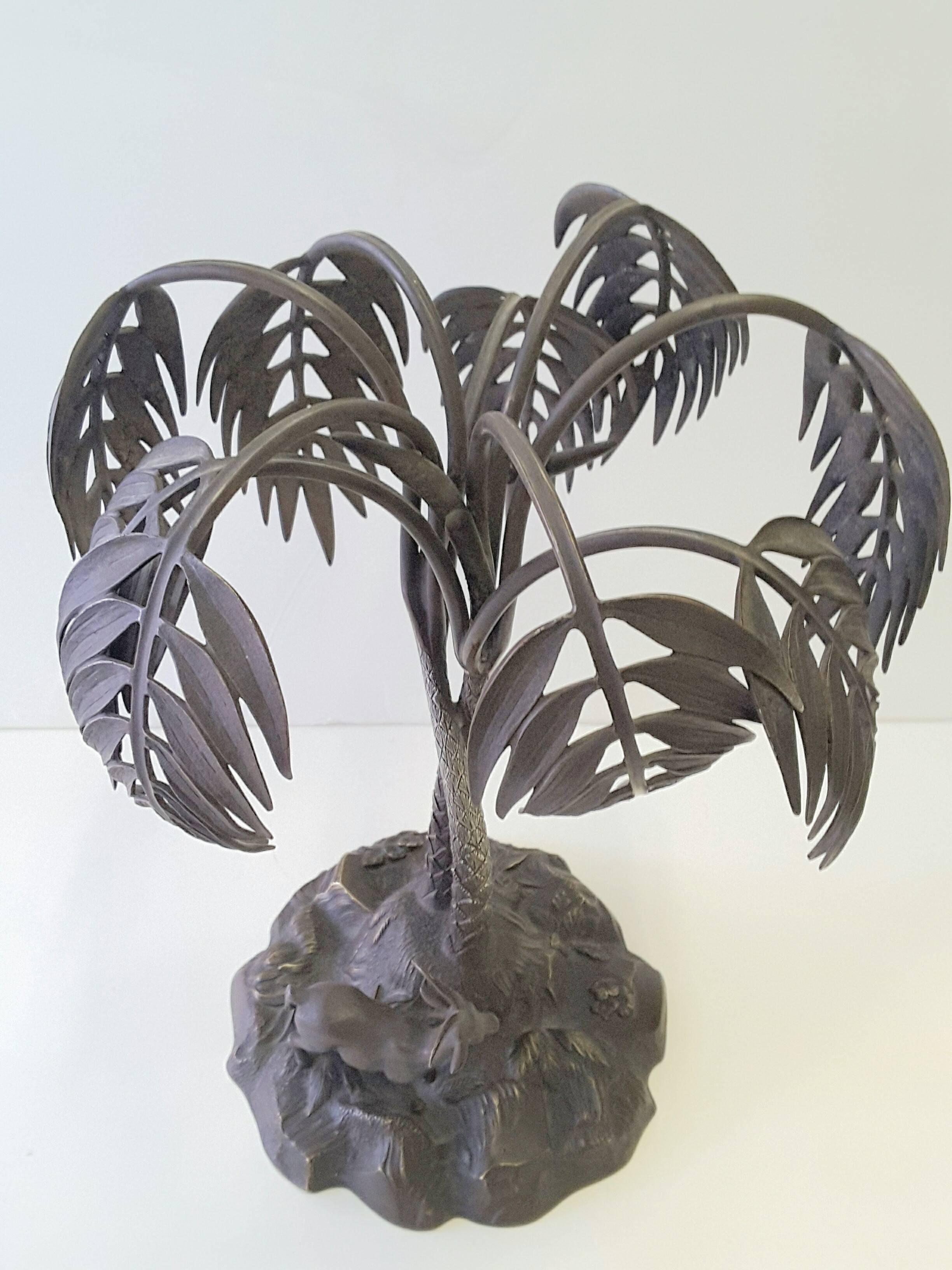 Mid-Century Modern Bronzed Sculpture of a Palm Tree and Gazelle on a Rock Base For Sale