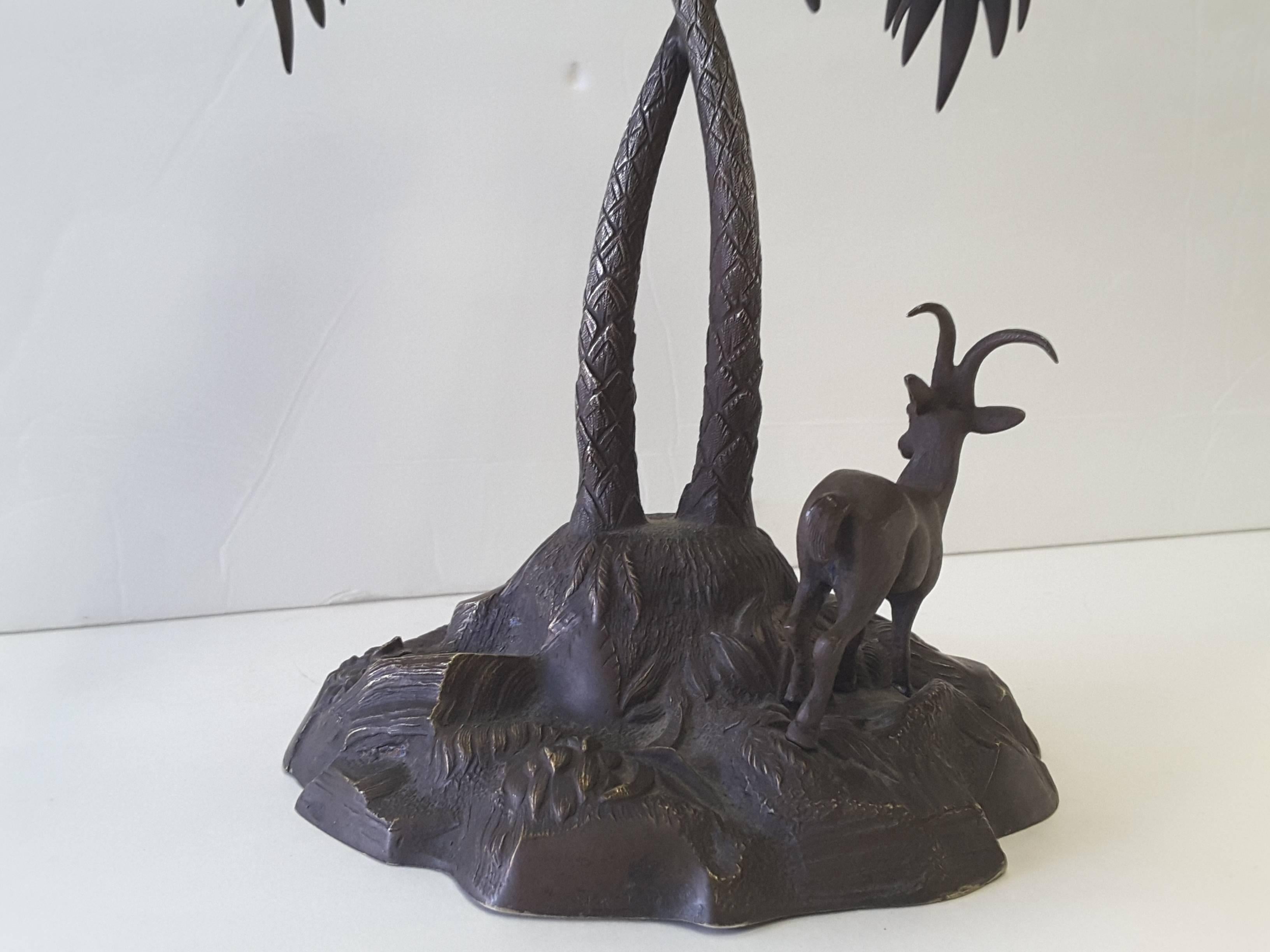 American Bronzed Sculpture of a Palm Tree and Gazelle on a Rock Base For Sale
