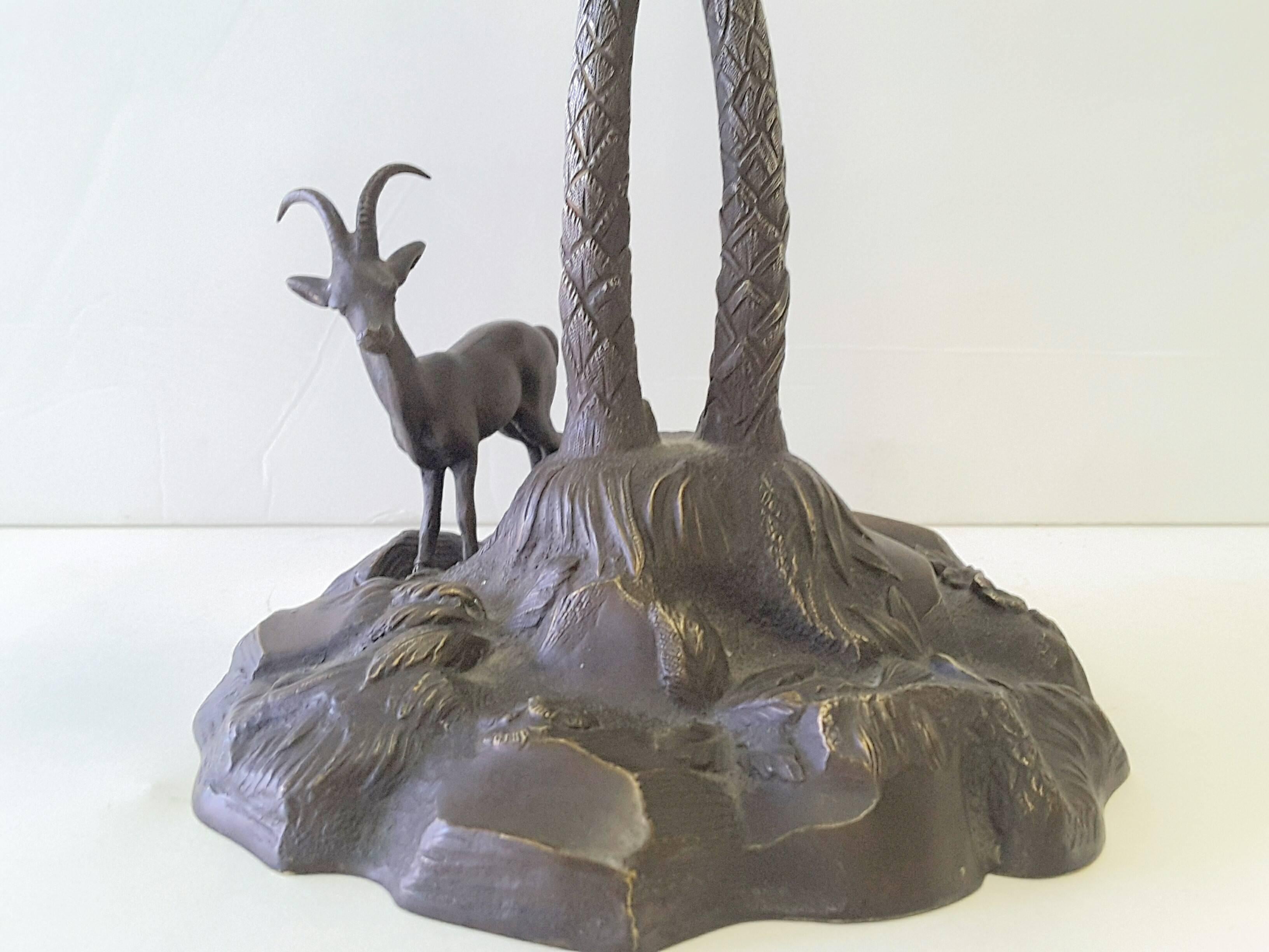 Bronzed Sculpture of a Palm Tree and Gazelle on a Rock Base For Sale 1