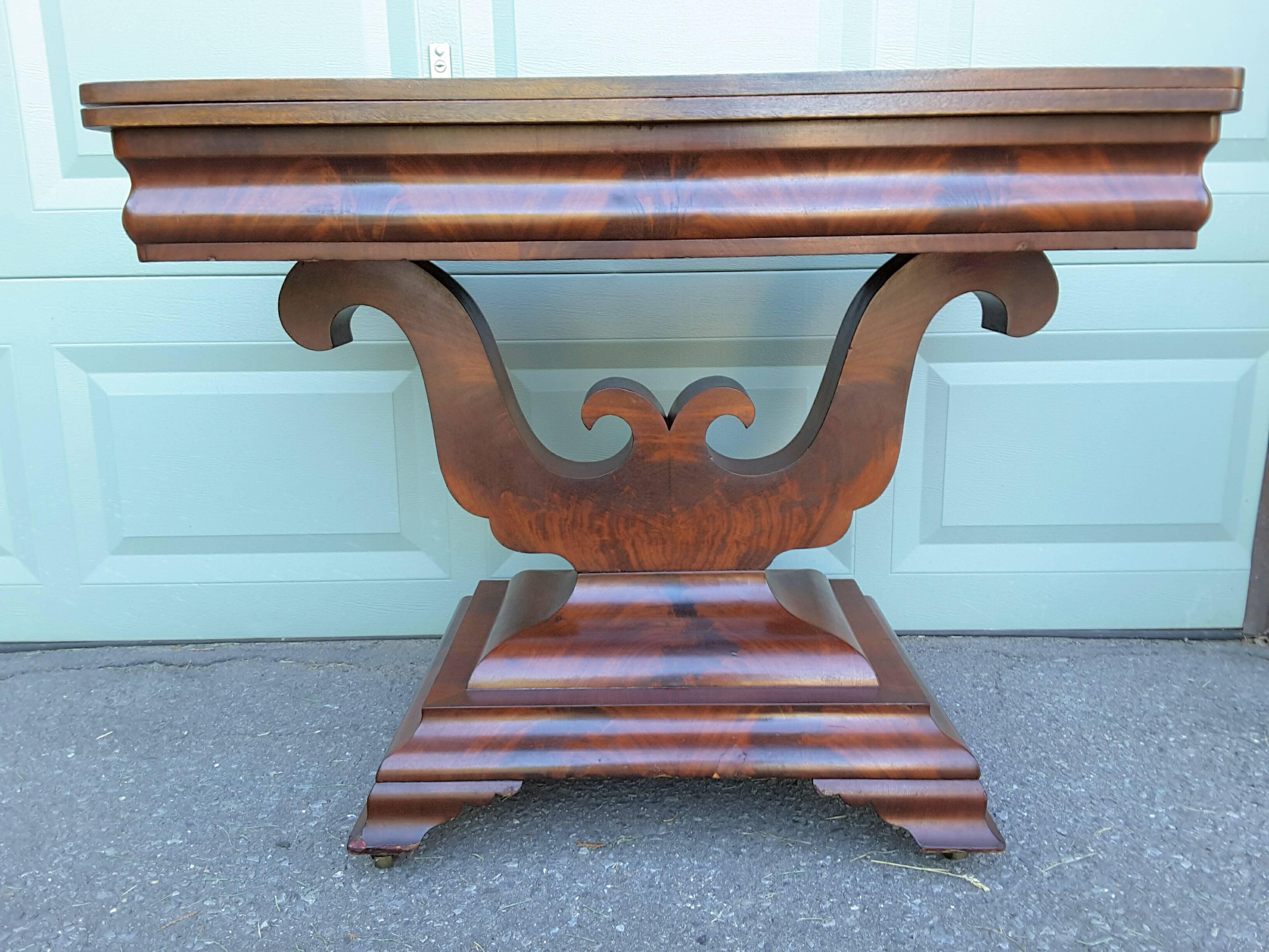 American Fine Regency Flame Mahogany Lyre Base Side Table Games Table For Sale