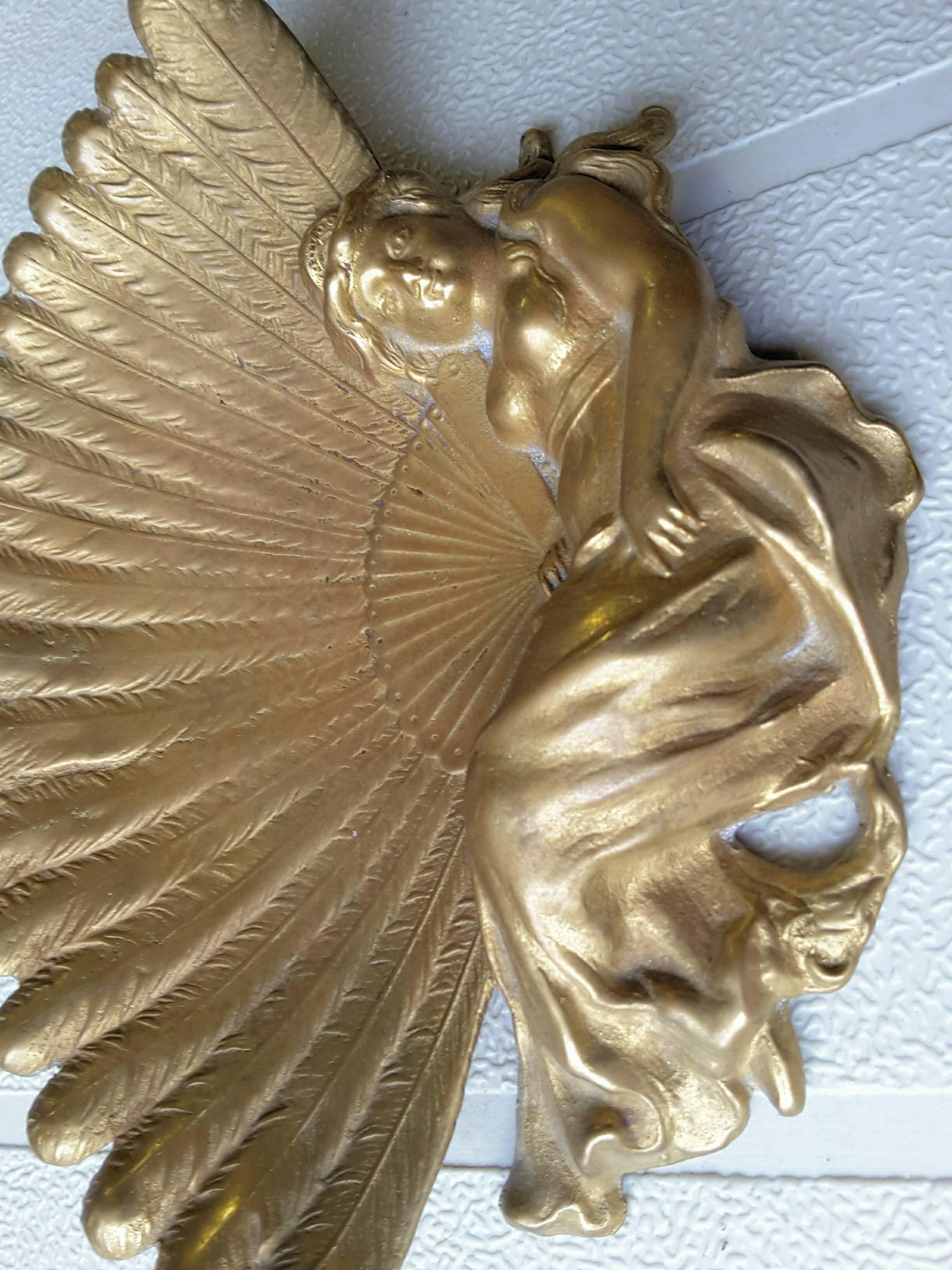 Art Nouveau Lady with a Peacock Fan, Brass Vanity/Pin Tray For Sale 1