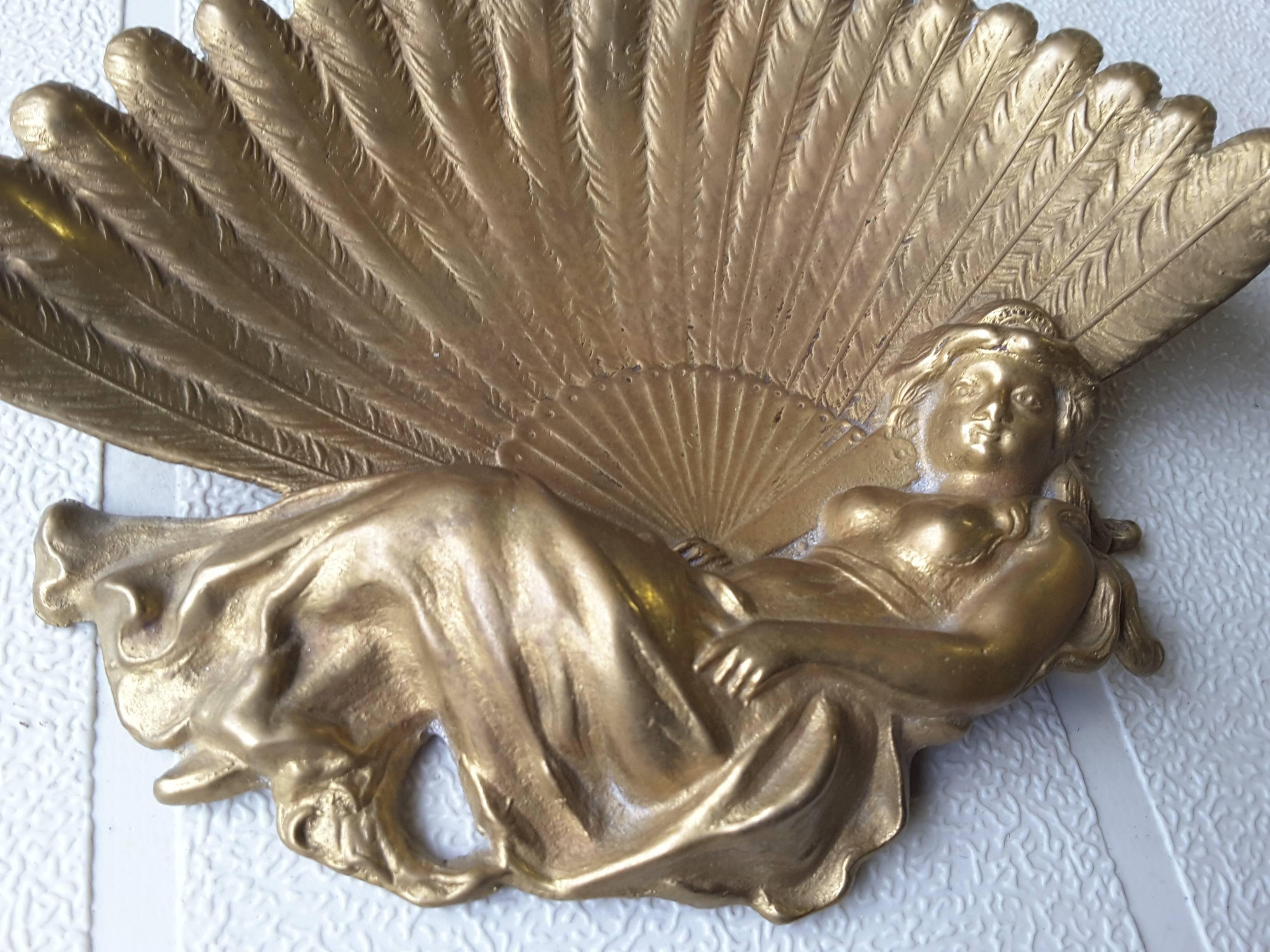 20th Century Art Nouveau Lady with a Peacock Fan, Brass Vanity/Pin Tray For Sale