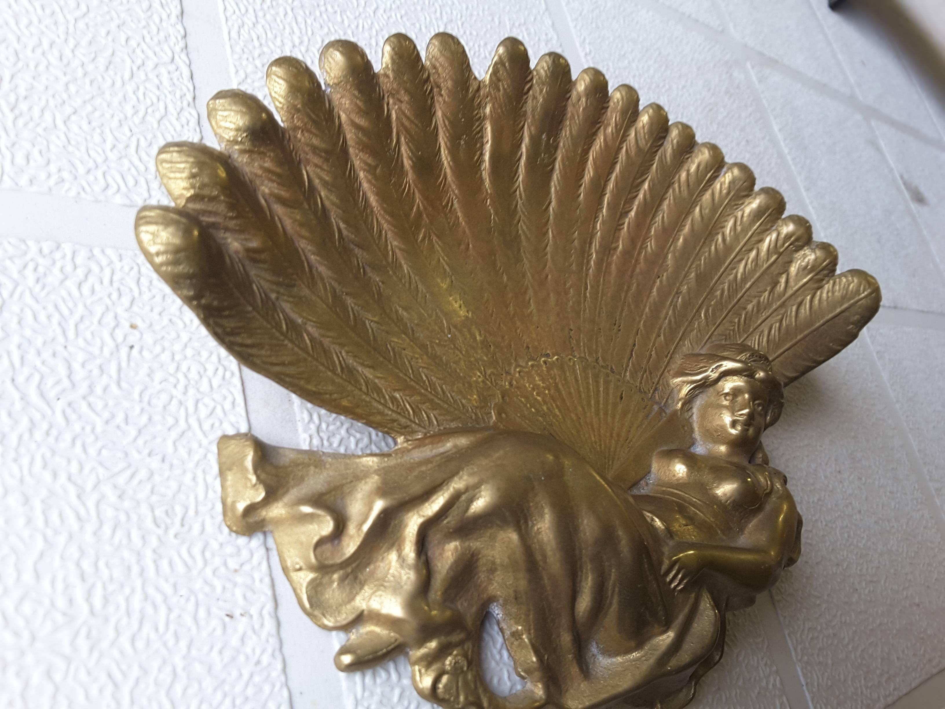 Art Nouveau Lady with a Peacock Fan, Brass Vanity/Pin Tray For Sale 2