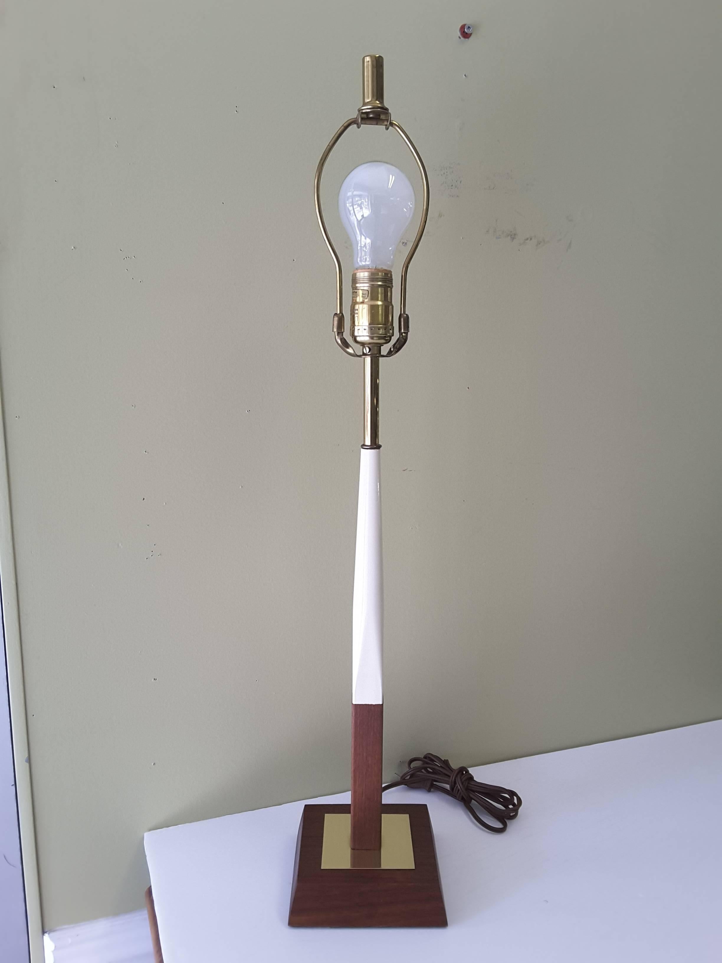 American Mid-Century Teak, Brass and Enamel Table Lamp, circa 1960