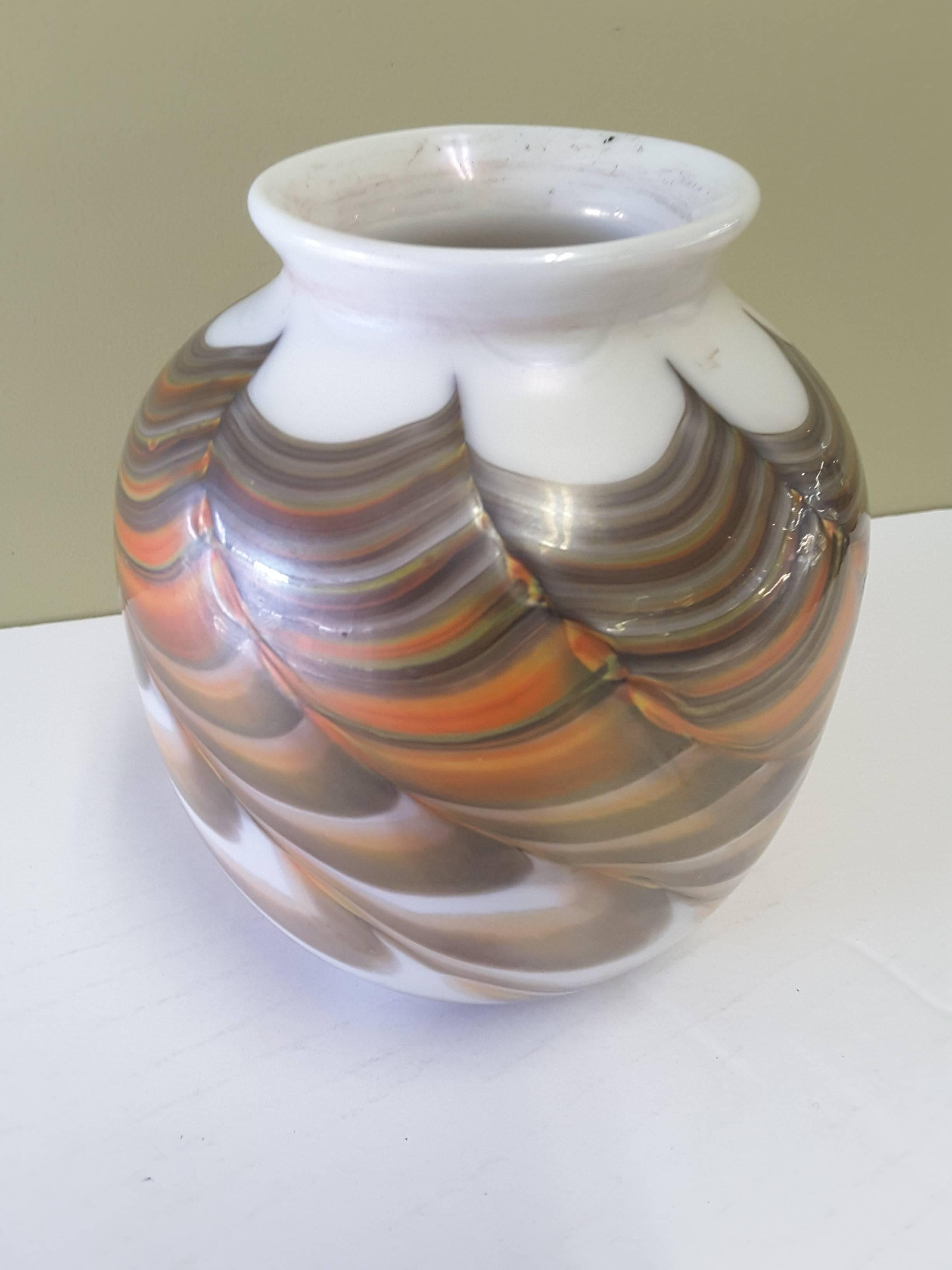 Glass Mid-Century Vase Burnt Orange and Iridescent Gold Pulled Feather, Quezal Style For Sale