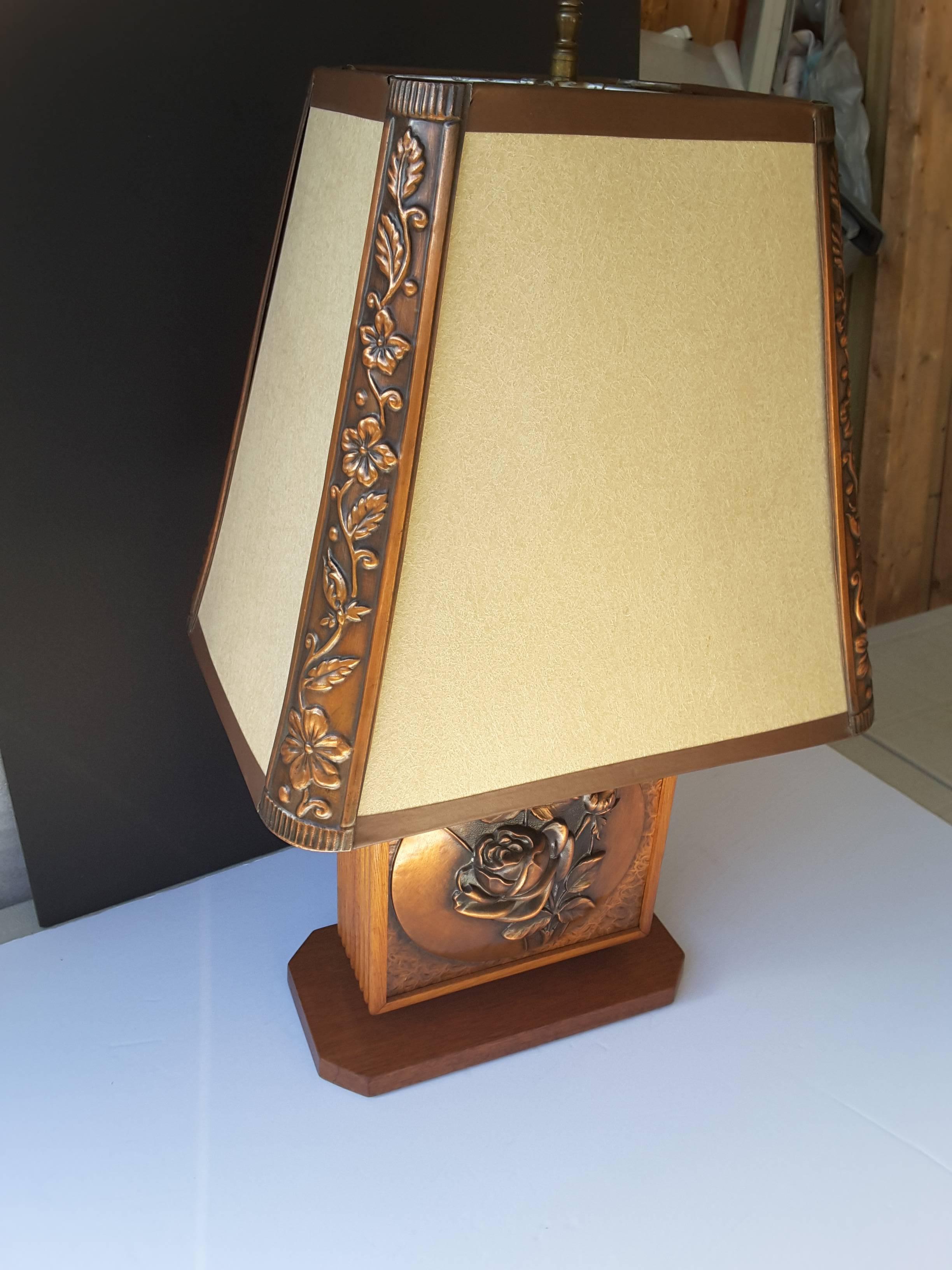 Mid-Century Modern Albert Gilles Mid-Century Oak and Copper Rose Table Lamp
